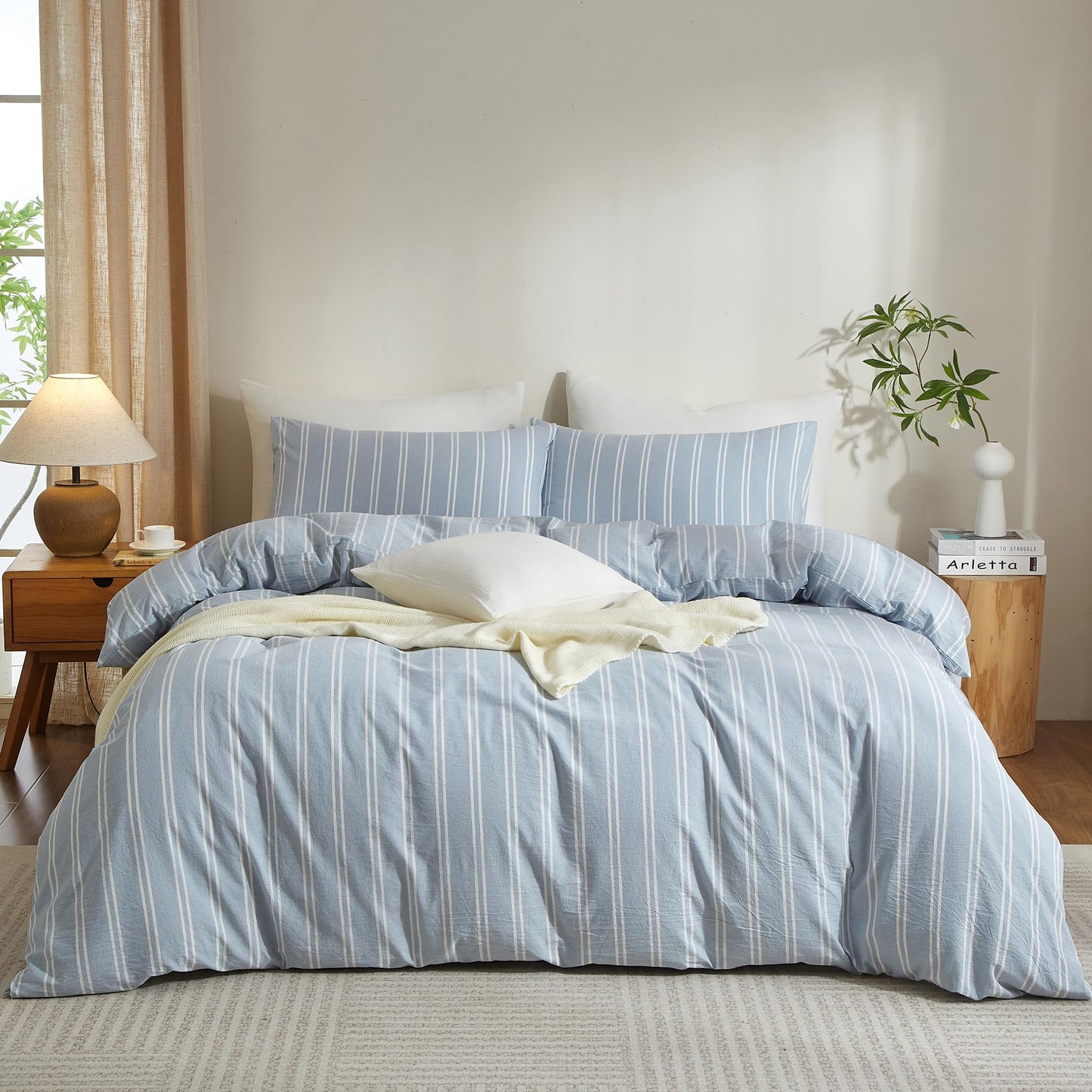 Duvet Cover Full Size Blue White Striped Duvet Cover Set Washed Cotton Linen Feel Chic Bedding Set for All Seasons Breathable Durable Textured (Wide Striped QLBT)