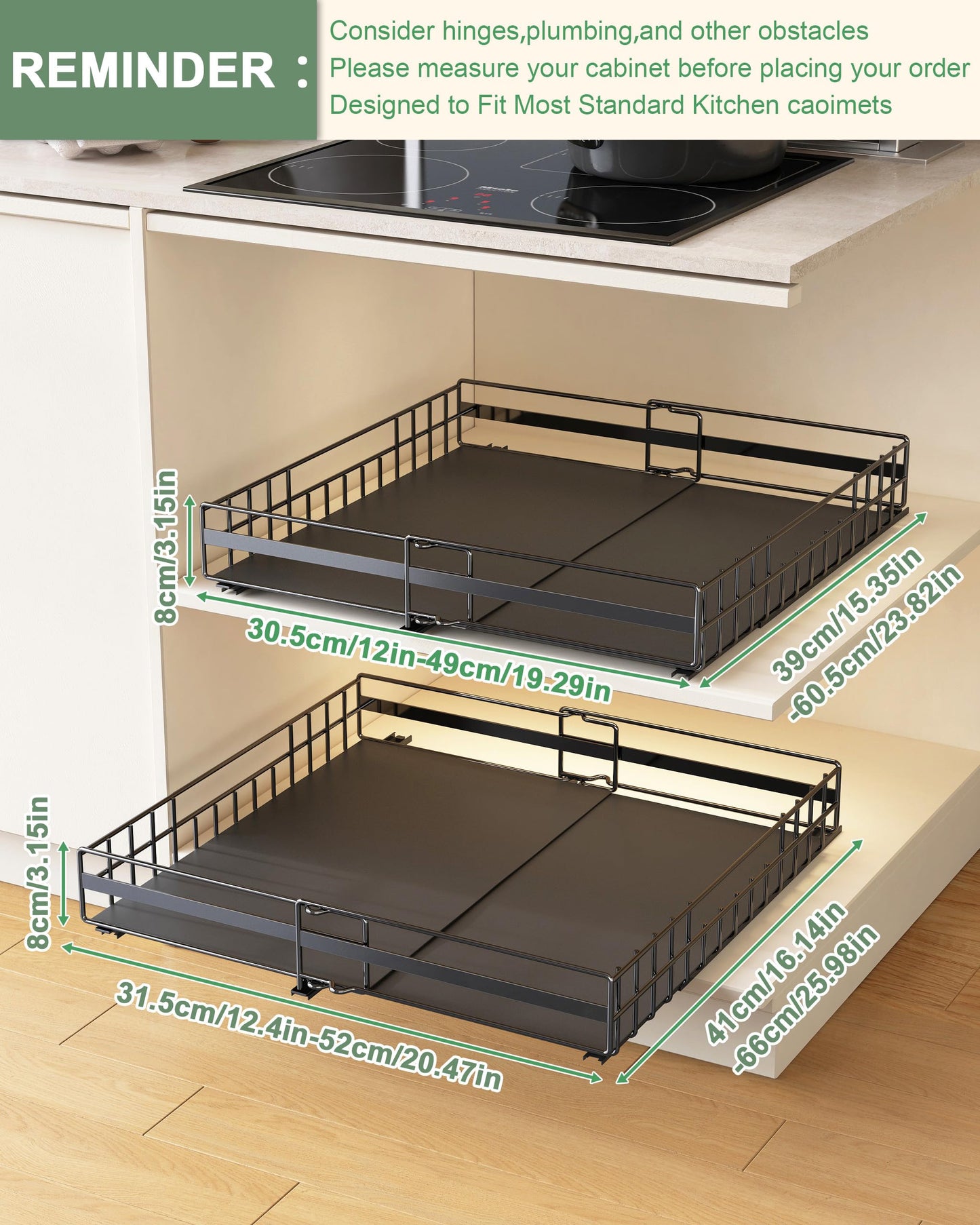 UMDONX 2 Pack Expandable Pull Out Cabinet Organizer Drawers Kitchen Cupboard Storage, No Drill Sliding Rack Adhesive Pantry Shelf (Durable Metal Black Load 65LBS)