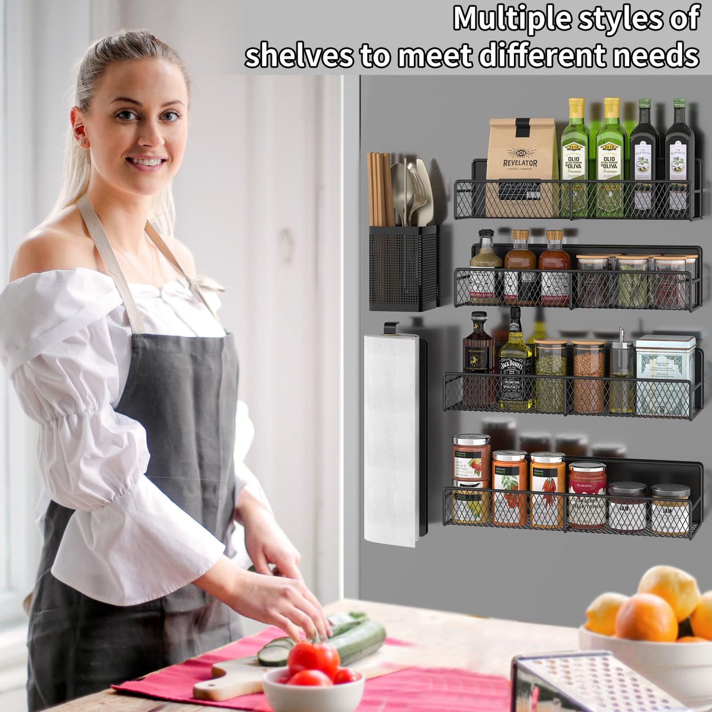 DTUQYX Magnetic Spice Rack for Refrigerator, 6 Pack Metal Magnetic Shelf Black, Moveable Spice Organizer, Strong Magnetic Storage Fridge Organizer with Paper Towel Holder, Utensils Holder