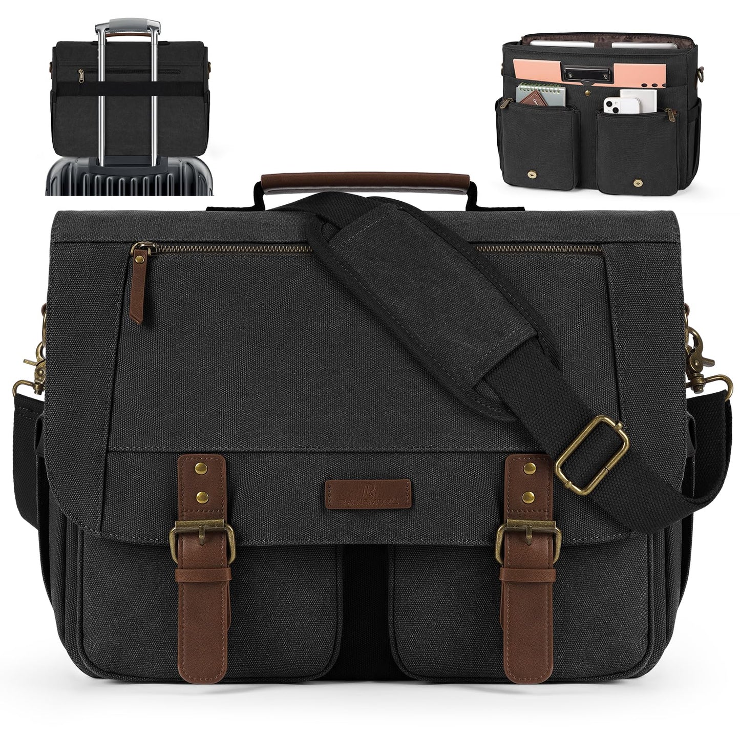 RAINSMORE Messenger Laptop Bag for Men 15.6 Inch , Canvas Briefcase Satchel Computer Shoulder Bag Men's Work Business Office Bag with Padded Compartment, Black