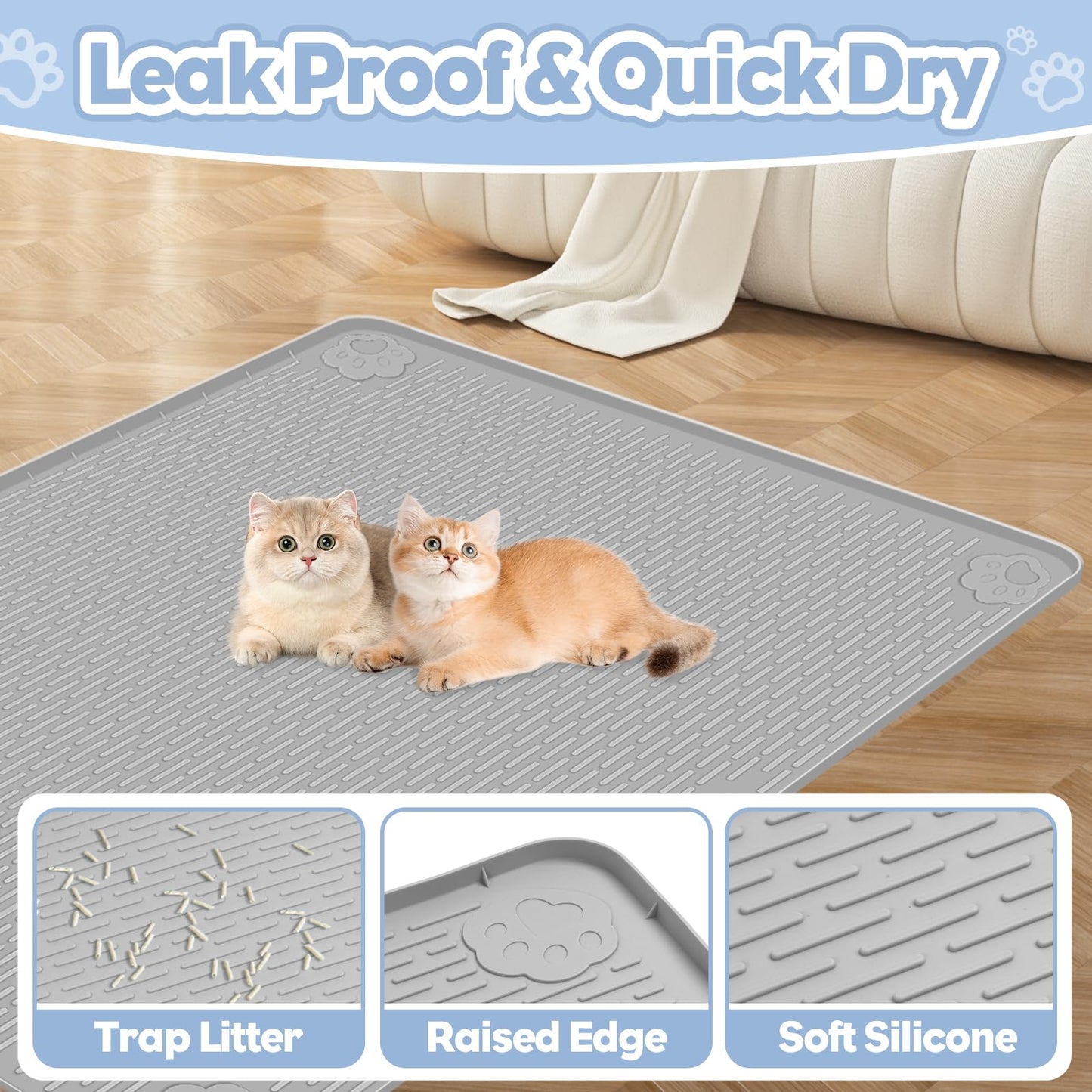 Bartuke Cat Litter Mat, Extra Large 101 x 71cm Silicone Mat Litter Trapping Mat for Scatter Control, Soft on Kitty Paws, Easy to Clean (Grey)