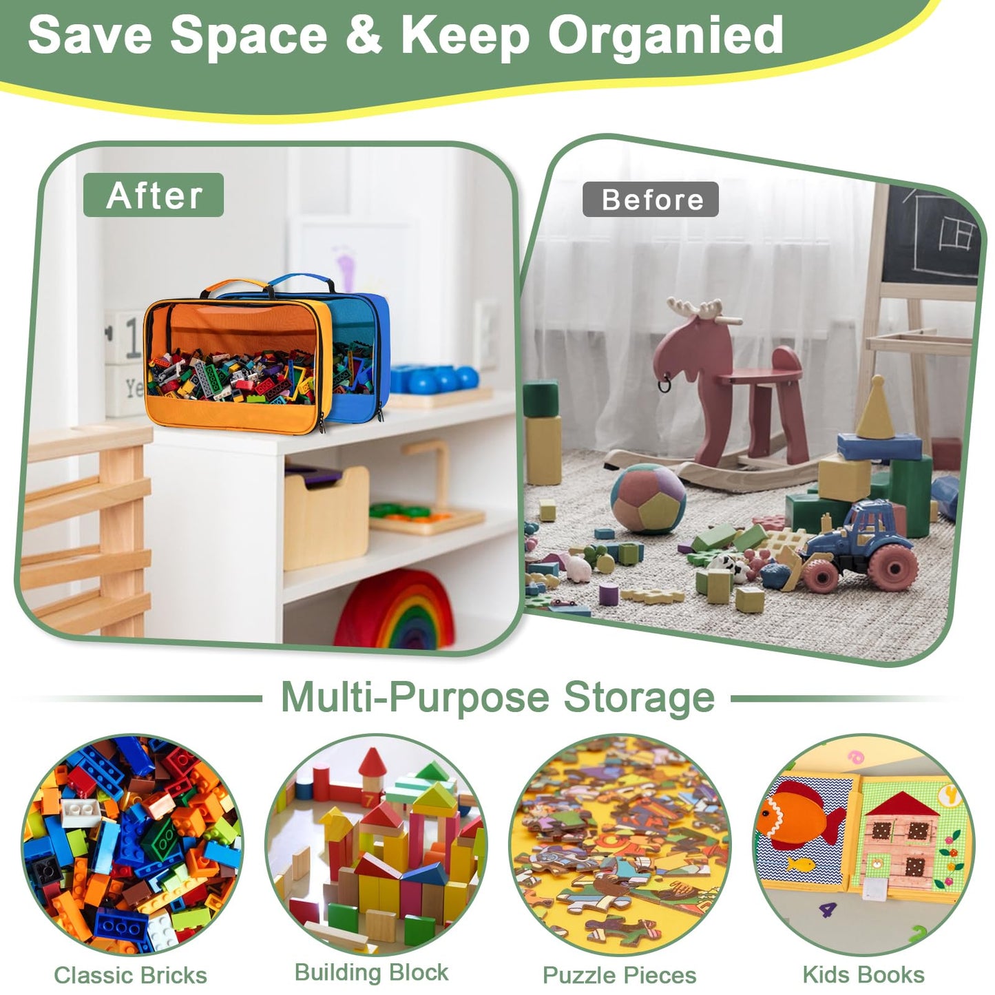 4 PCS Toys Storage Bag, Classic Building Bricks Storage Bag, Travel Case for Building Toys, Puzzles, Toys Cars