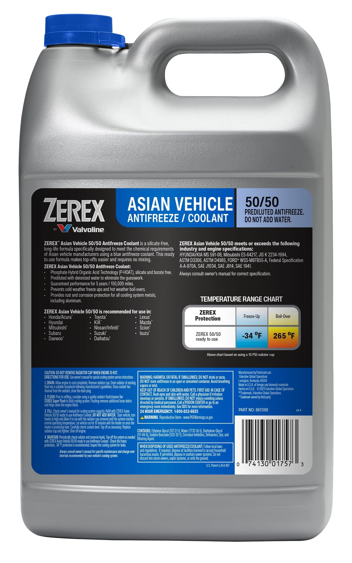 Zerex Asian Vehicle Blue Silicate and Borate Free 50/50 Prediluted Ready-to-Use Antifreeze/Coolant 1 GA