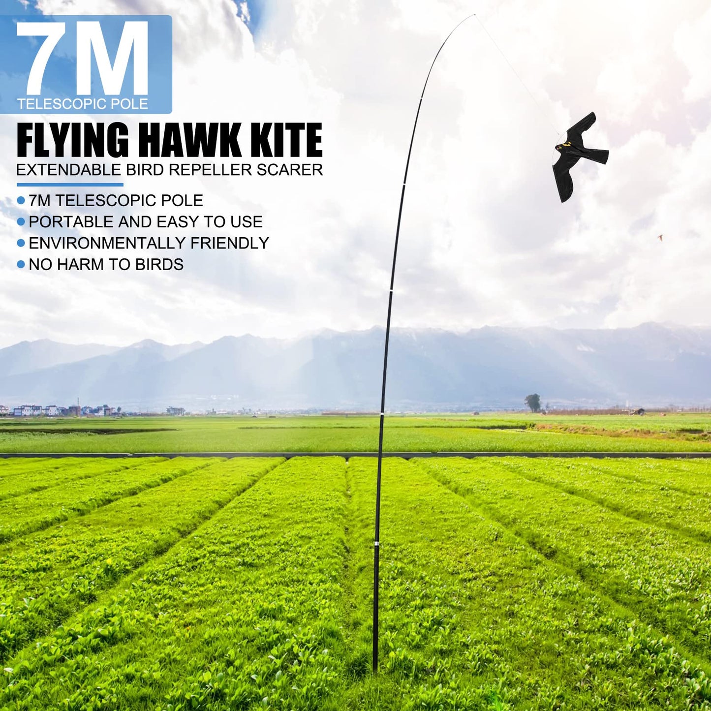 Bird Repeller, Extendable Bird Repellent Scarer Flying Eagle Kite Shape with Telescopic Pole for Home Outdoor Garden Farm (7M)