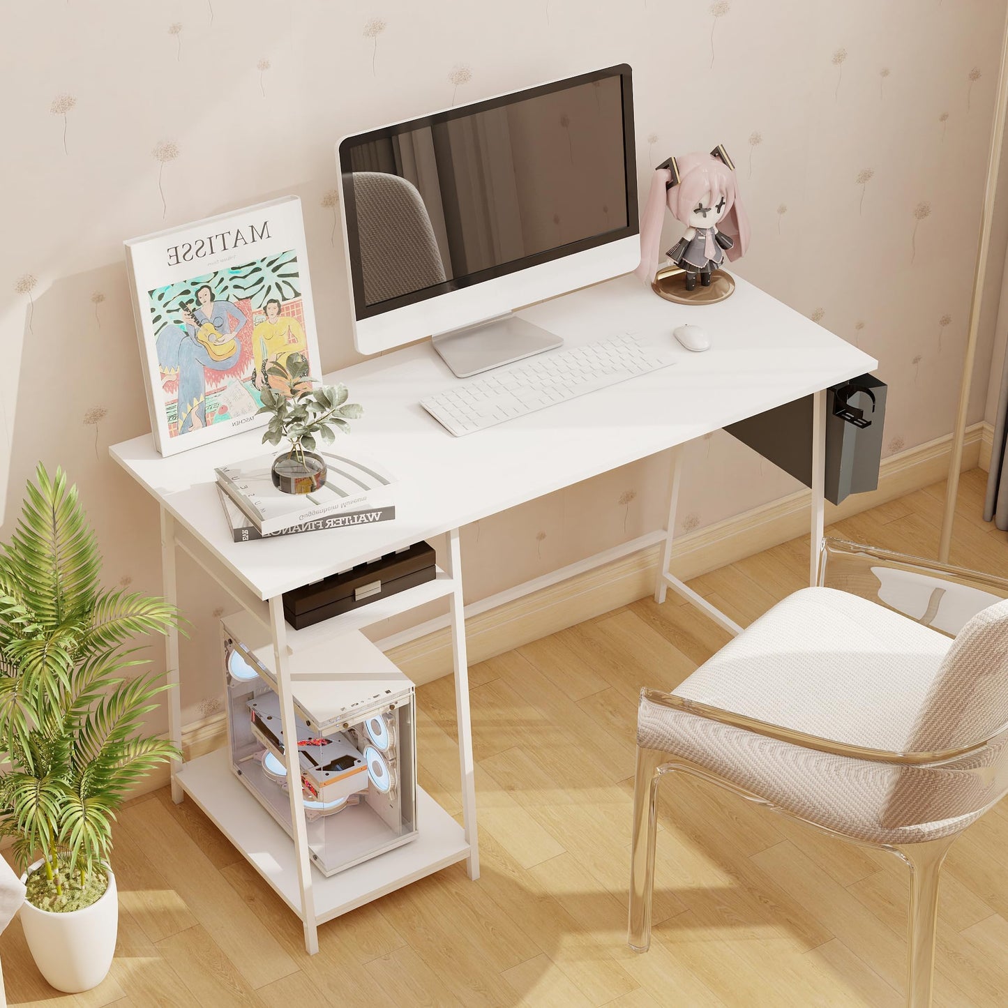 Small Computer Desk, 32 inch Bureau de Travail with 2 Tier Shelves, with Power Outlets Gaming Study Table, Wood Dressing Desks with Metal Frame, for Bedroom, Livingroom, Office White
