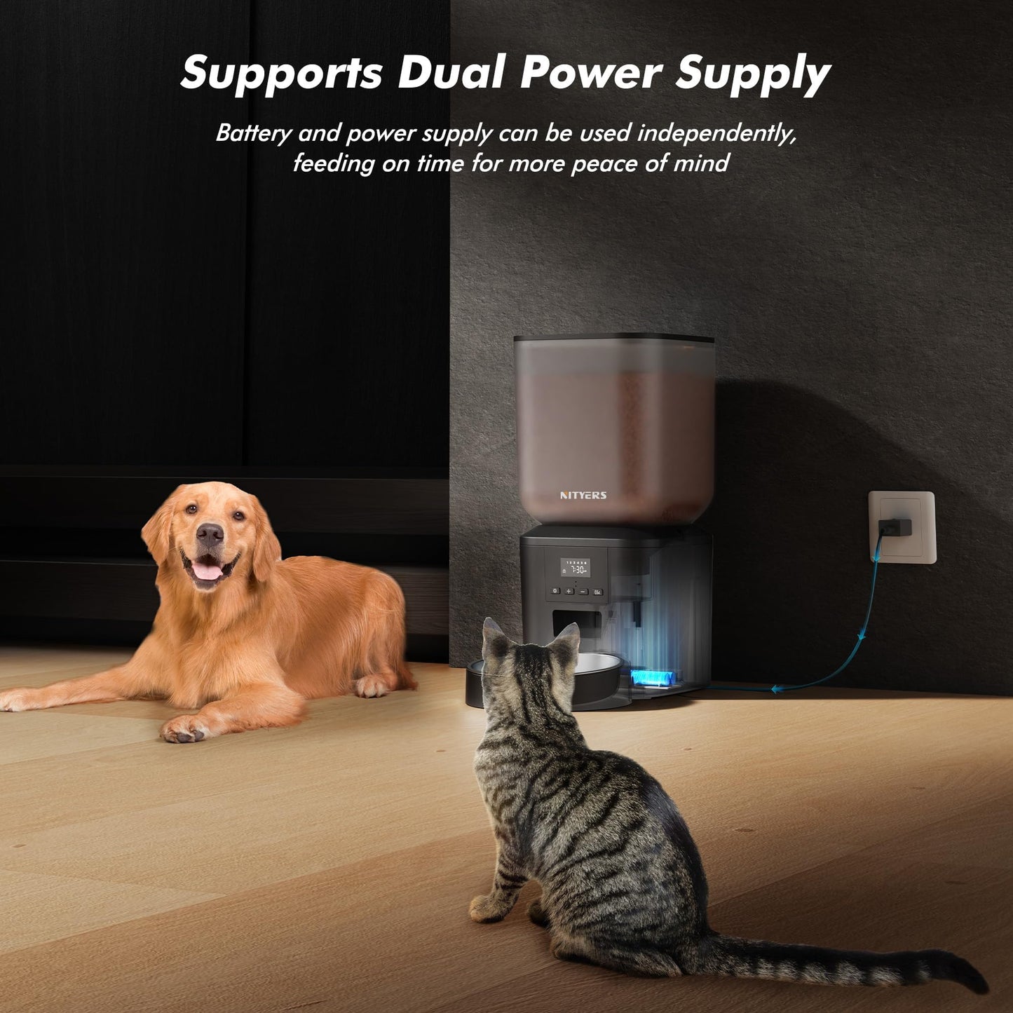 Automatic Cat Feeder - 8L/34 Cups Automatic Dog Feeder Timed Food Dispenser, Up to 50 Portions 6 Meals Per Day, Large Stainless Steel Food Bowl, Dual Power Supply (Black, One Bowl-Standard)