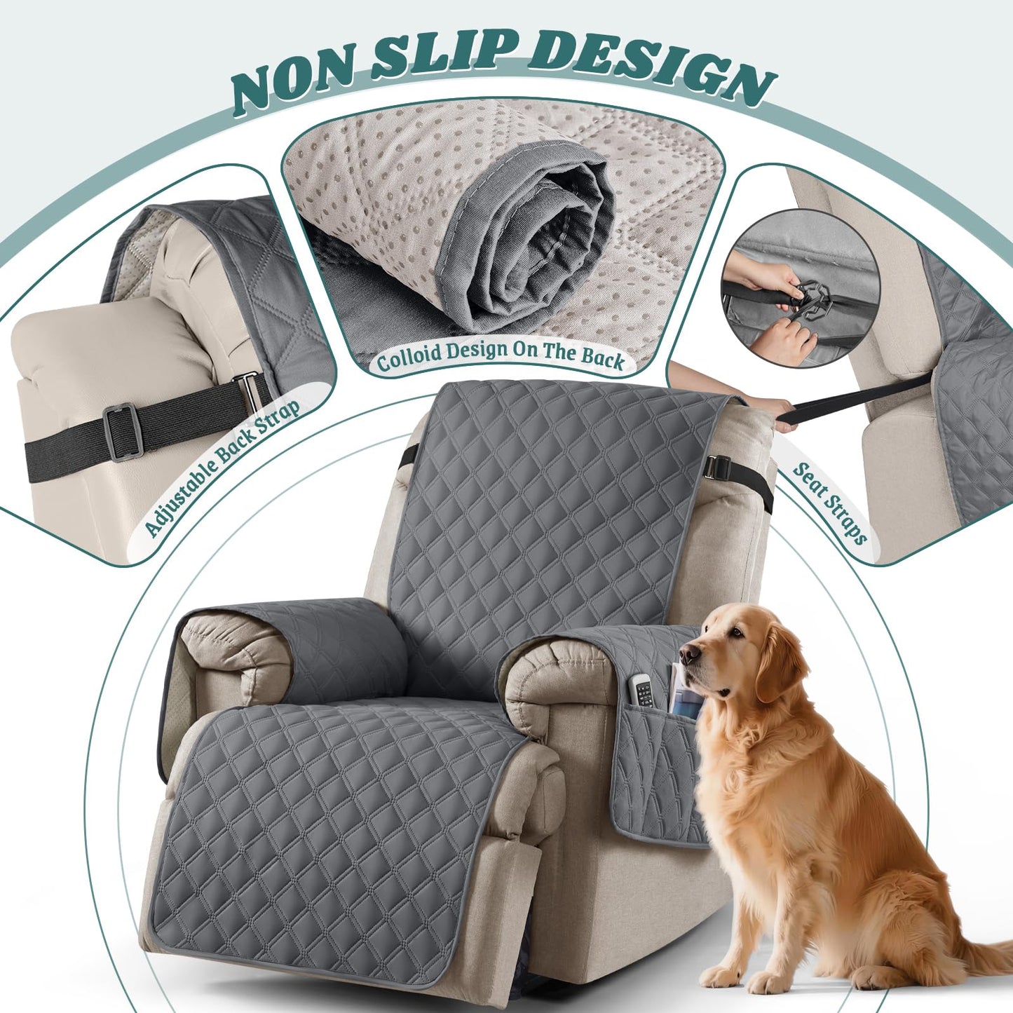 Ruaozz 100% Waterproof Recliner Chair Cover Non-Slip Reclining Cover for Recliner Chair Washable Chair Seat Cover with Elastic Straps for Kids, Dogs, Pets (Dark Grey, 1 Seater 23'')