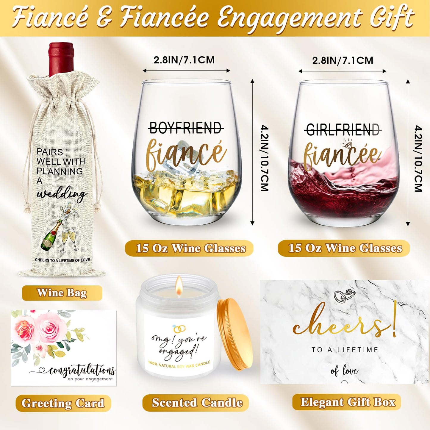 JTAMOHI Engagement Gifts for Couples, 5 Pcs Fiance Fiancee Wine Glass Gifts Set, Engagement Gifts for Newly Engaged Couples, Fiance Fiancee Gifts for Him and Her, Newlywed Wedding Gifts, Bridal Shower