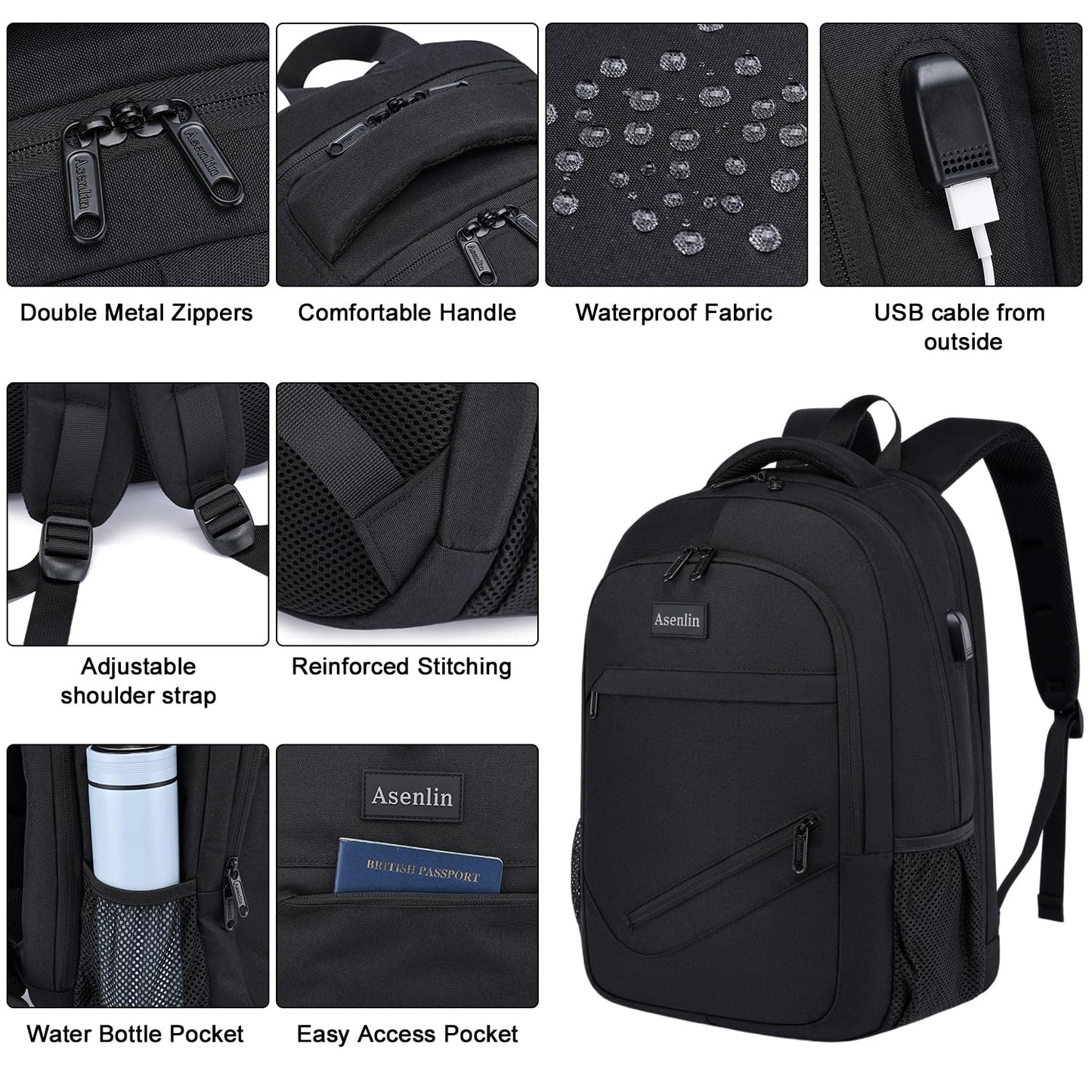 Asenlin Travel Laptop Backpack for Women & Men,Water Resistant Business Slim Sturdy Laptops Backpack with USB Charging Port,Fits 17.3 Inch Notebook College School Computer Bag-Black