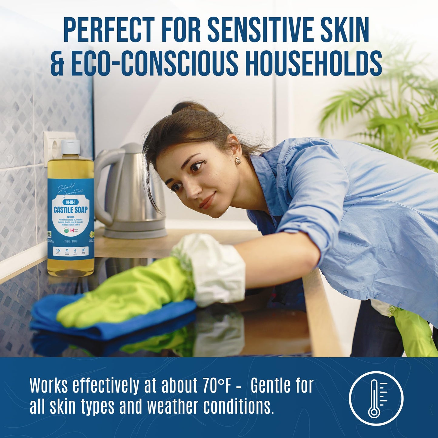 Castile Liquid Soap 946ml, Made in Canada Organic Certified, Unscented Baby Soap, Made with Organic Oils, 18-in-1: Face, Hair, Laundr, Dishes, Plant Food, 82% Less Plastic, For Sensitive Skin and Babies, 32 oz, All-Purpose, Biodegradable, Hand Soap, Non-G