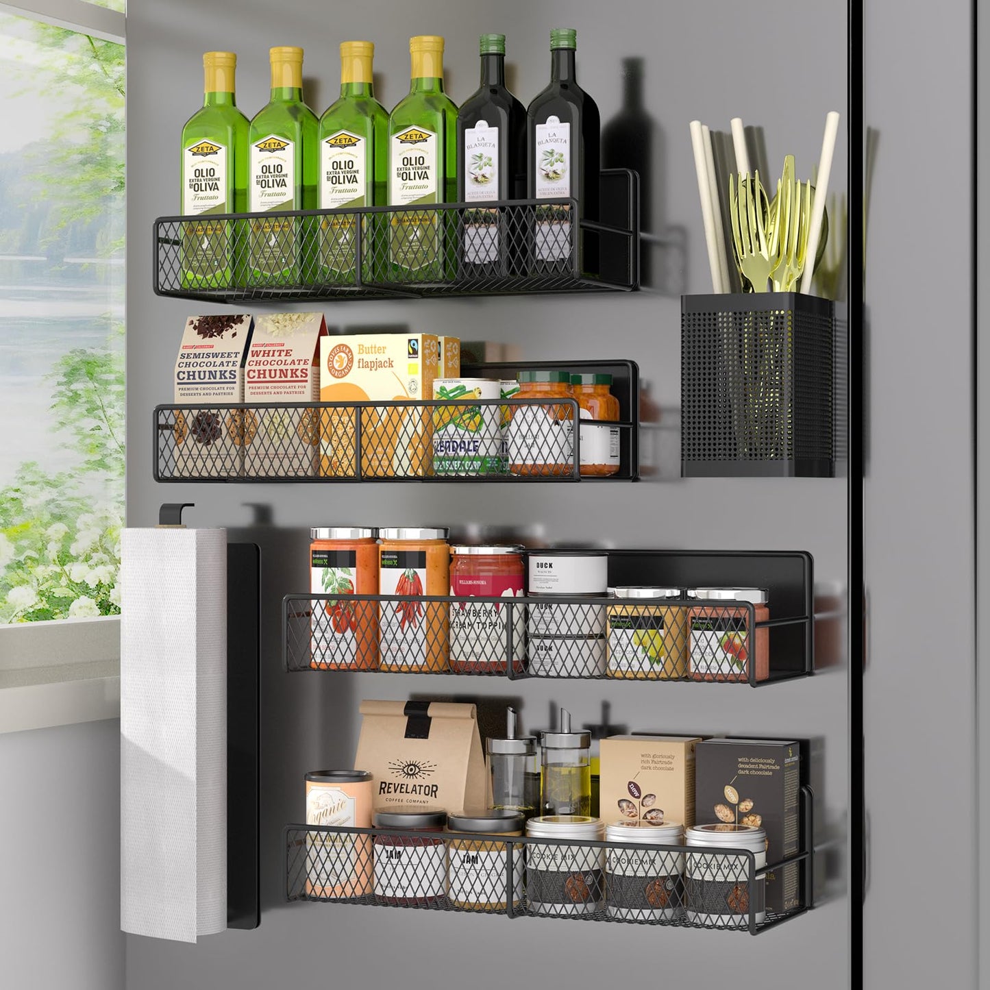 DTUQYX Magnetic Spice Rack for Refrigerator, 6 Pack Metal Magnetic Shelf Black, Moveable Spice Organizer, Strong Magnetic Storage Fridge Organizer with Paper Towel Holder, Utensils Holder