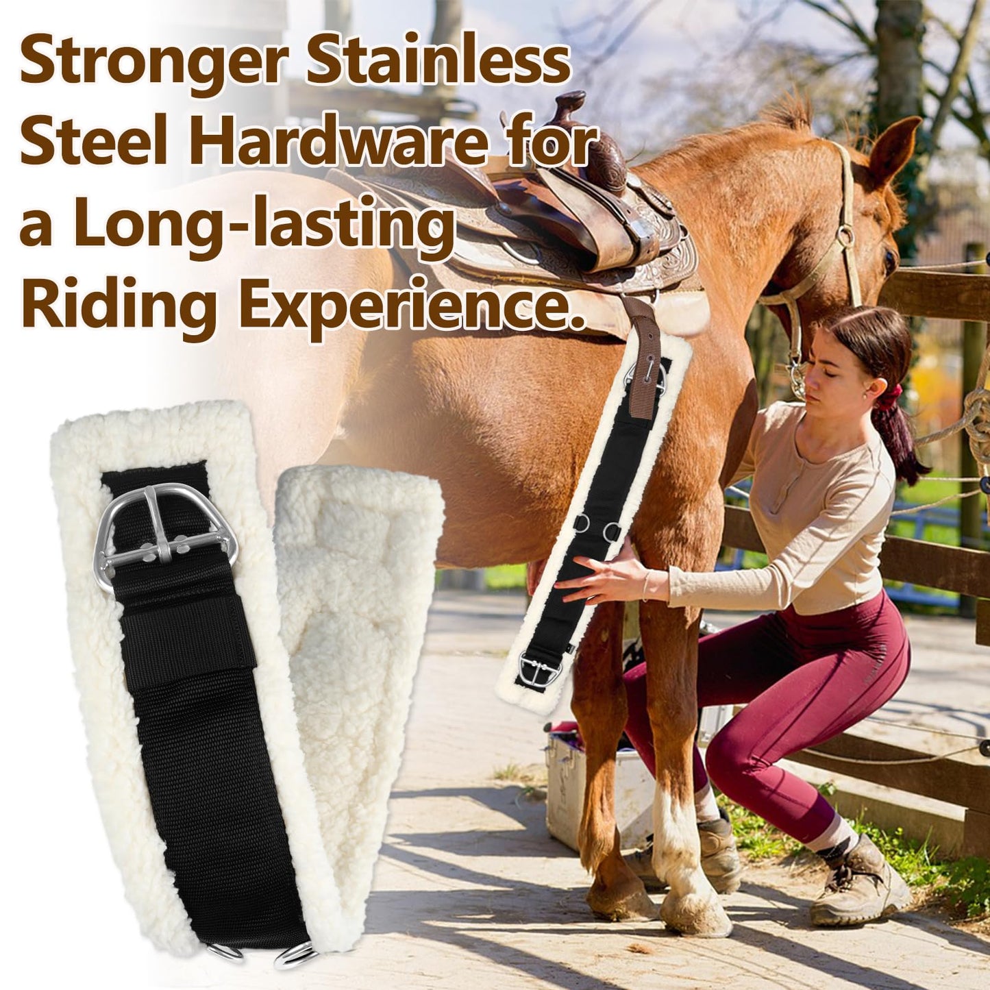 32 Inch Horse Girth, Saddle Strap with Stainless Steel Buckle, Soft Wool with Non-Slip Nylon Webbing, Designed for English Saddles, Easy to Install