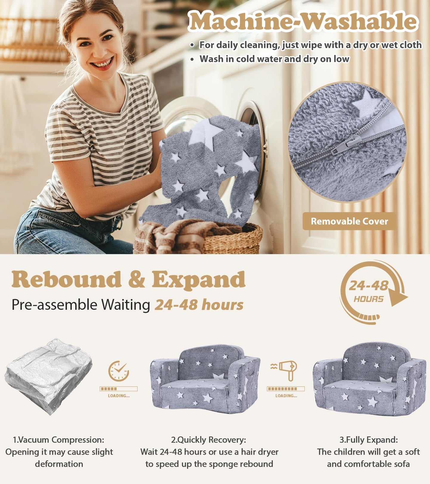 Kids Couch, 2-in-1 Soft Toddler Couch Fold Out with Blanket and Cloud Pillow, Glow in The Dark, Toddler Chair Comfy, Convertible Sofa, Gifts for Kids Girl Boys, Grey Star