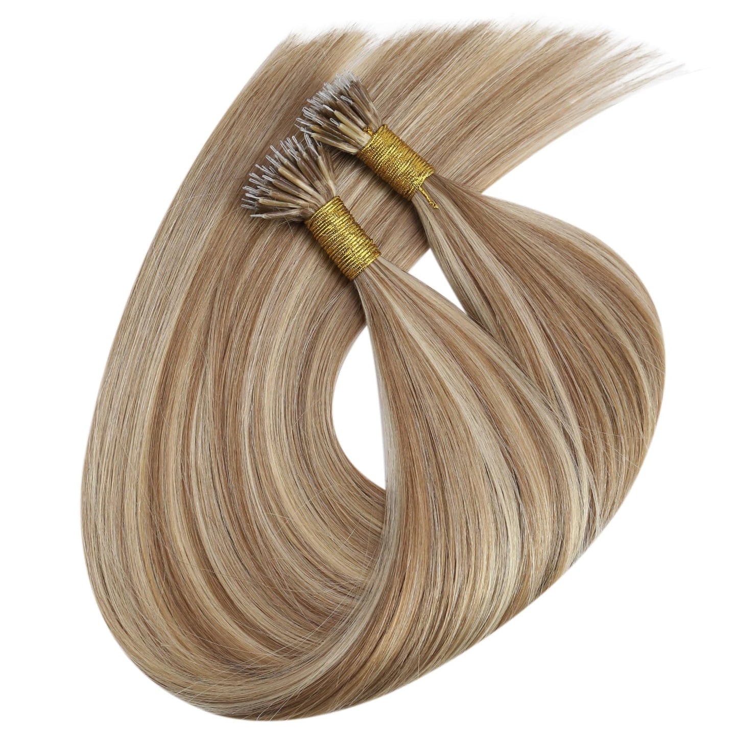 Ugeat Nano Bead Hair Extensions Human Hair Golden Brown Highlights Bleach Blonde Nano Tip Human Hair Extensions for Women Nano Link Hair Extensions Human Hair 18inch 50G 50S