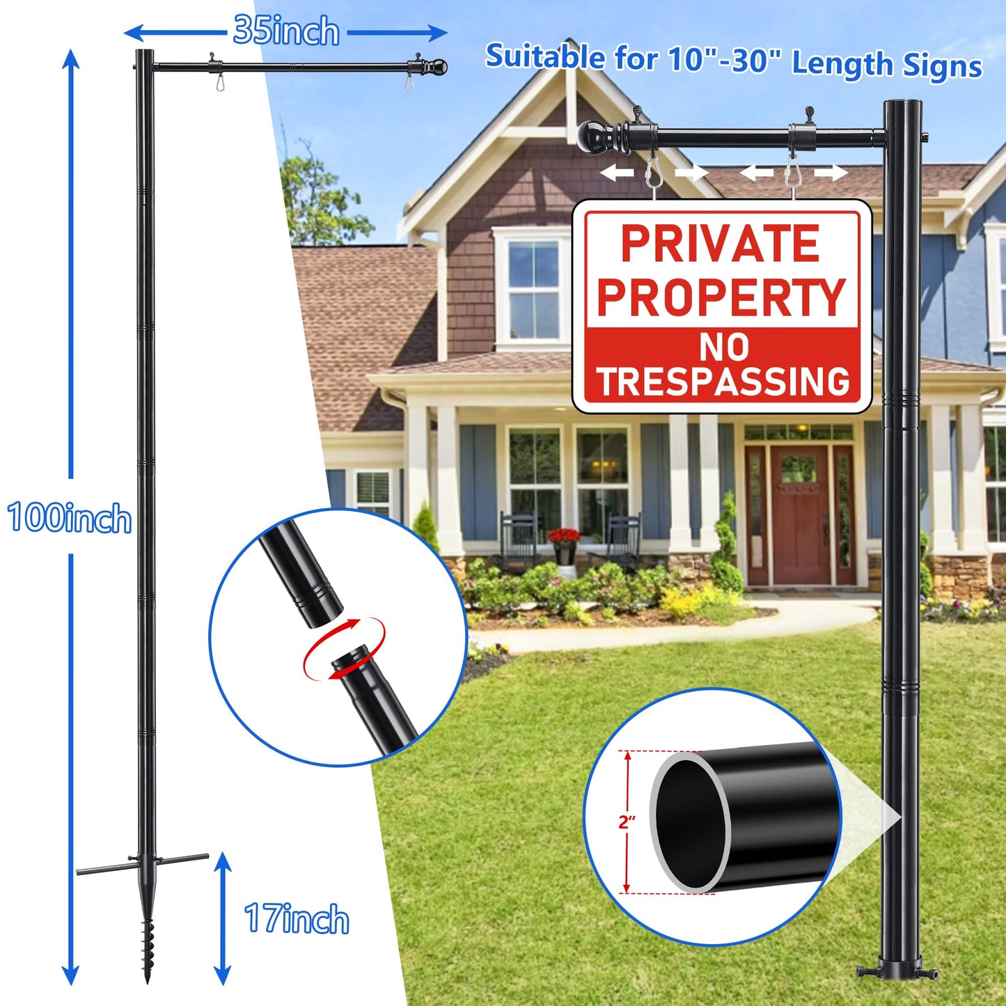 Real Estate Sign Post, 254cm Realtor Yard Sign Post for Sale Signs, Rent Signs, Open House Signs for Real Estate, 88cm Arm Holds up to 63cm Sign, Black (No Sign Included)