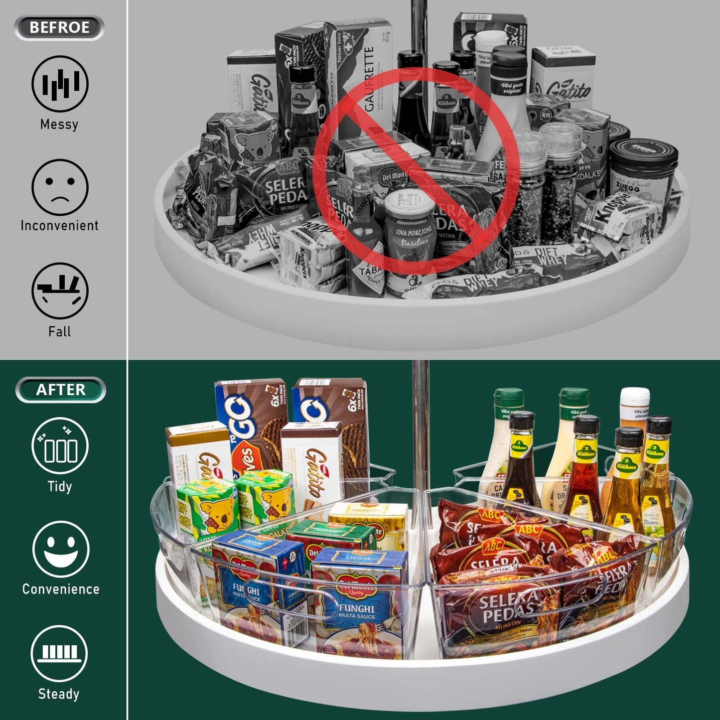 JEISSLIA Lazy Susan Cabinet Organizer Bins for 26"/ 28"/ 32" Diameter Corner Lazy Susan, Plastic Cabinet Storage Bin, 1/8 Wedge-Food Safe, BPA Free, with Non-Slip Pads (for 26" Diameter, 6 Pack)