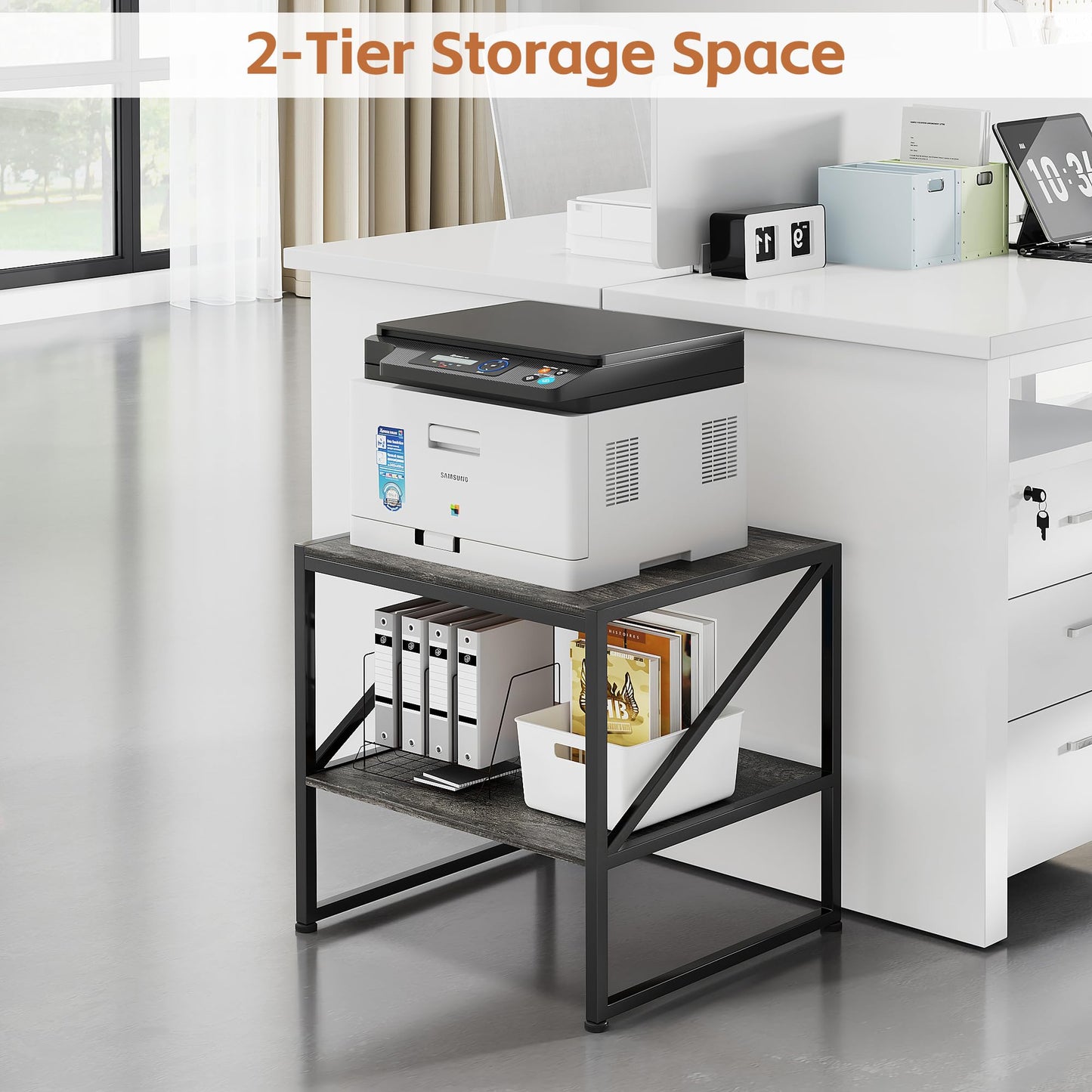 2-Tier Large Priner Stand with Storage Shelf, 20"×20" Under Desk Printer Table for Home Office, End Table for Living Room, Heavy Duty Storage Rack for Scanner Fax Heat Press, Grey Oak