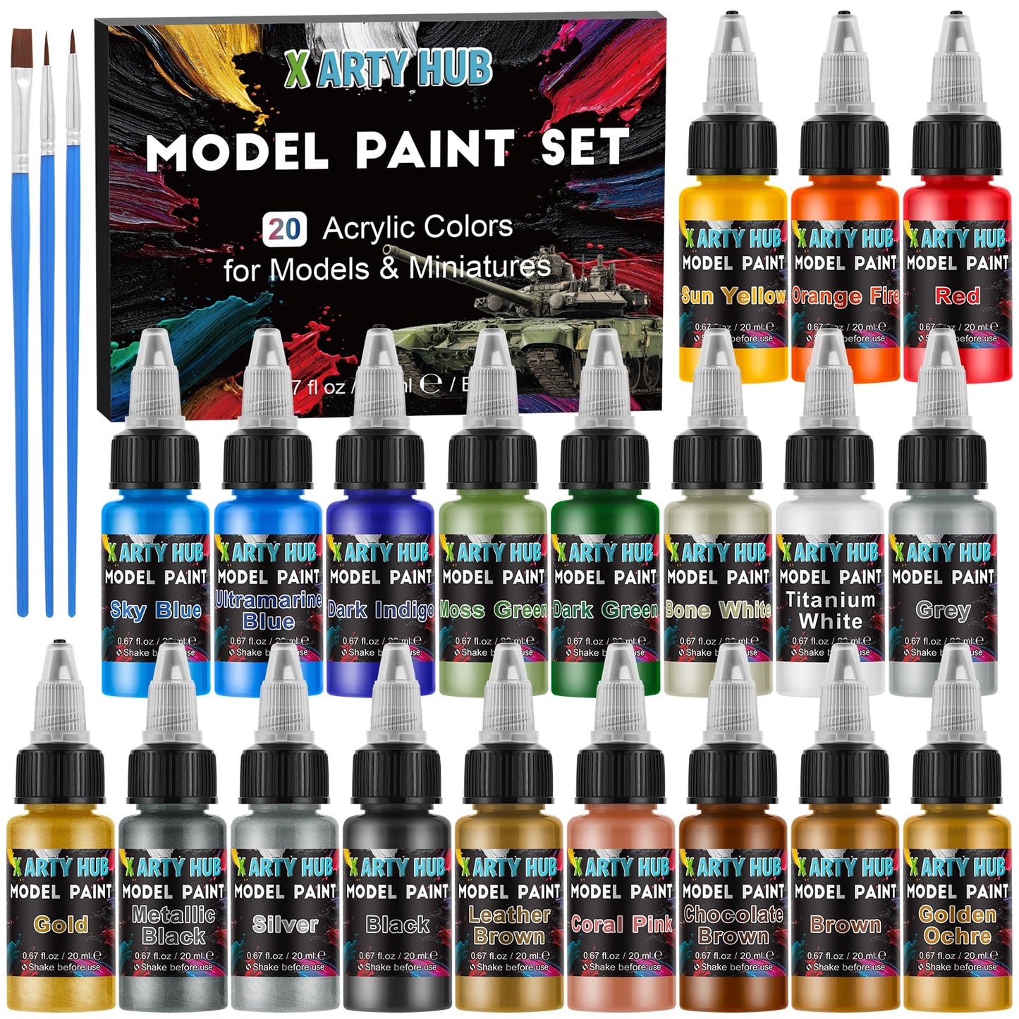 X ARTY HUB Model Paint Set - 20 Colours with 3 Brushes, Miniature Paints (Base/Skin Tones/Shadows/Metallics) for Airbrushing & Hand Painting, Acrylic paint for Models, Miniatures & Wargaming Props