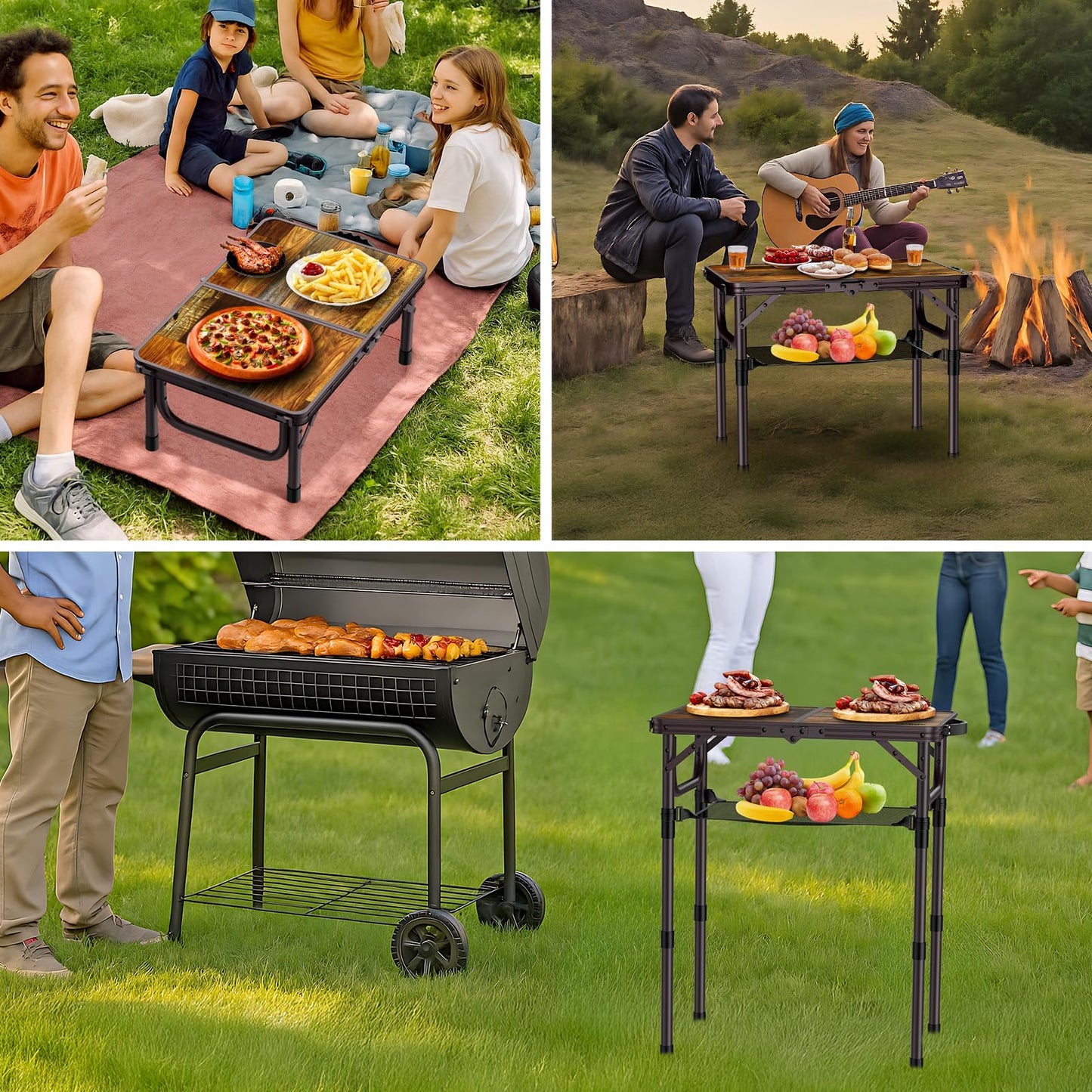 Anbte 2ft Camping Table Foldable with Storage Net, 3 Adjustable Heights 27.5" Aluminum Small Portable Table with Carrying Handle, for Outdoor Indoor Picnic Beach Party Travel, 24" X 16", Brown