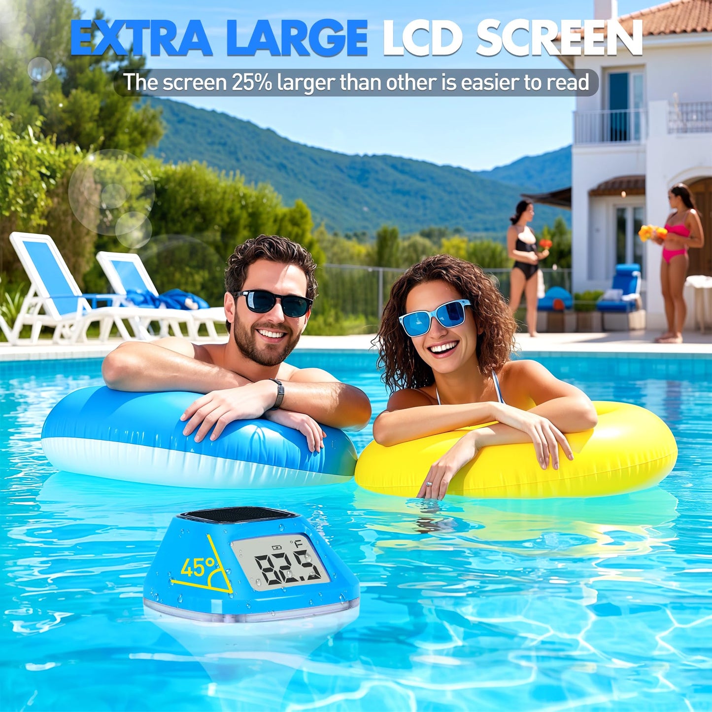 DeeprBlu 2025 New Iteration Solar Digital Pool Thermometer with Rope, Easy Read Extra Large Backilt LCD Display Floating Pool Thermometer, IP68 Waterproof Pools Water Temperature Gauge for Hot tub,Spa