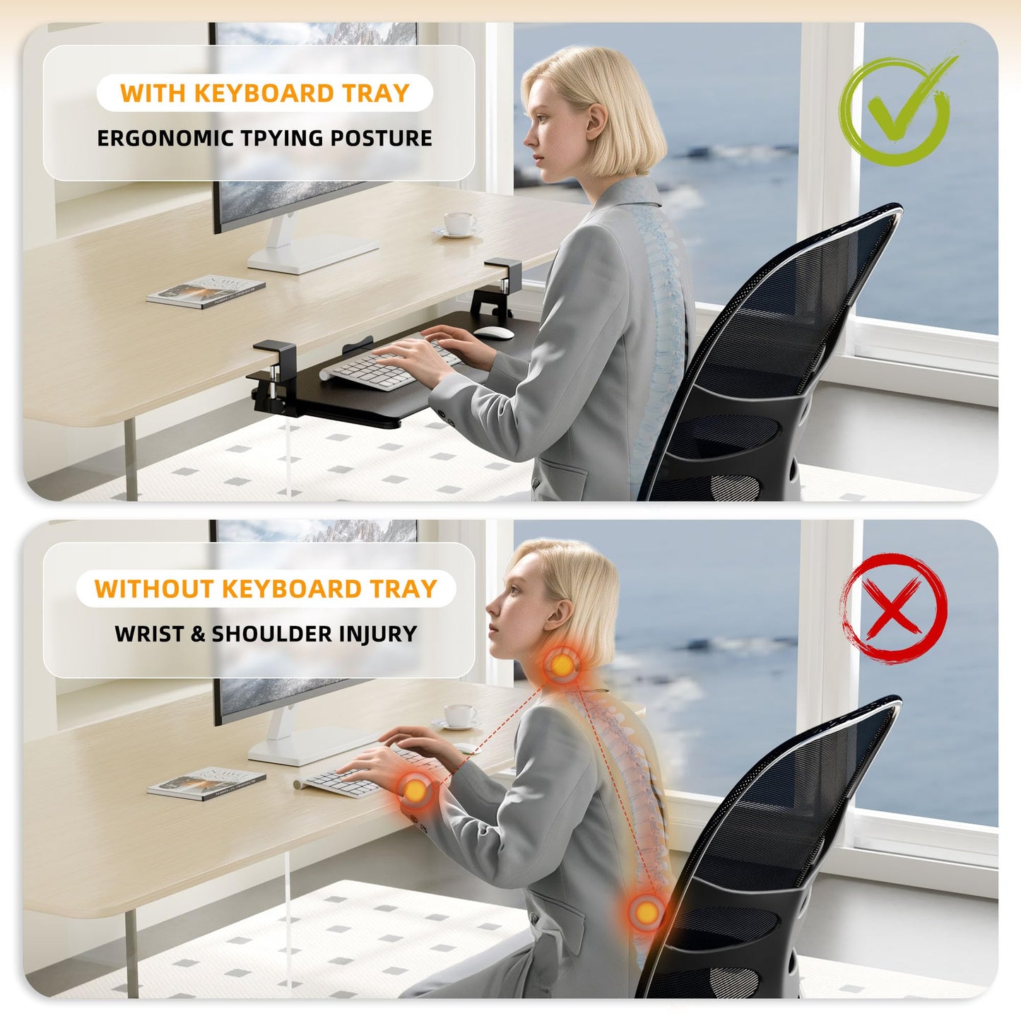 ERGOMAKER Keyboard Tray Under Desk 25.6"×11.8" (65×30cm), Ergonomic Sliding Keyboard & Mouse Tray Adjustable Slide Out Easy Assembly, Suitable for Office/Home/School (Black)