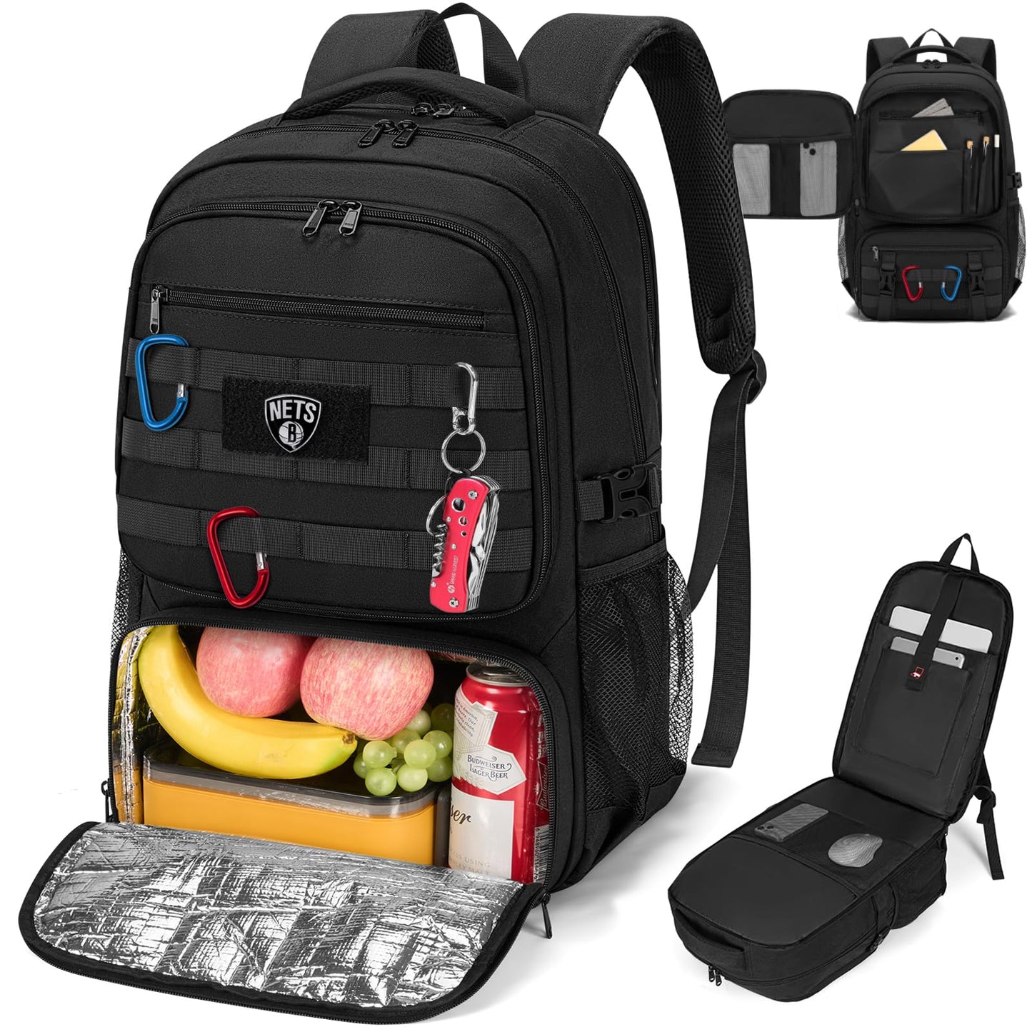 SDYSM Tactical Lunch Backpack for Men Women 17.3 Inch Laptop Backpack with USB Charging Port Military Work Backpack with Insulated Lunch Bag for Travel College Business, Black