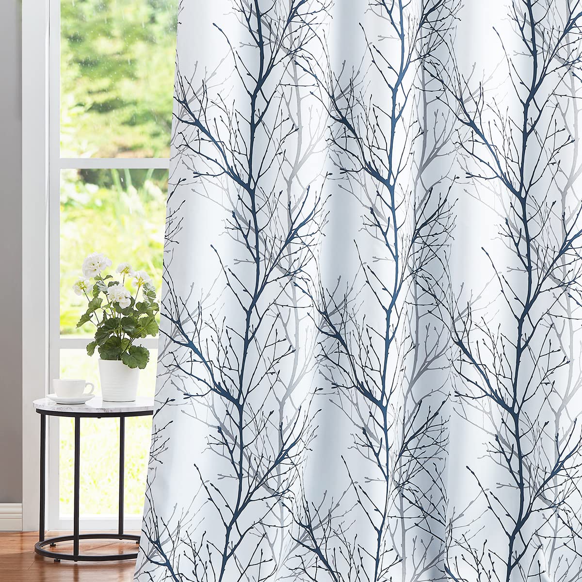 FMFUNCTEX 100% Blackout Curtains for Bedroom, Blue on White Curtains 84 Inches Long for Living Room, Tree Branch Pattern Print Curtain Panels, Thermal Insulated Drapes Grommet Window Curtains 2 Panels