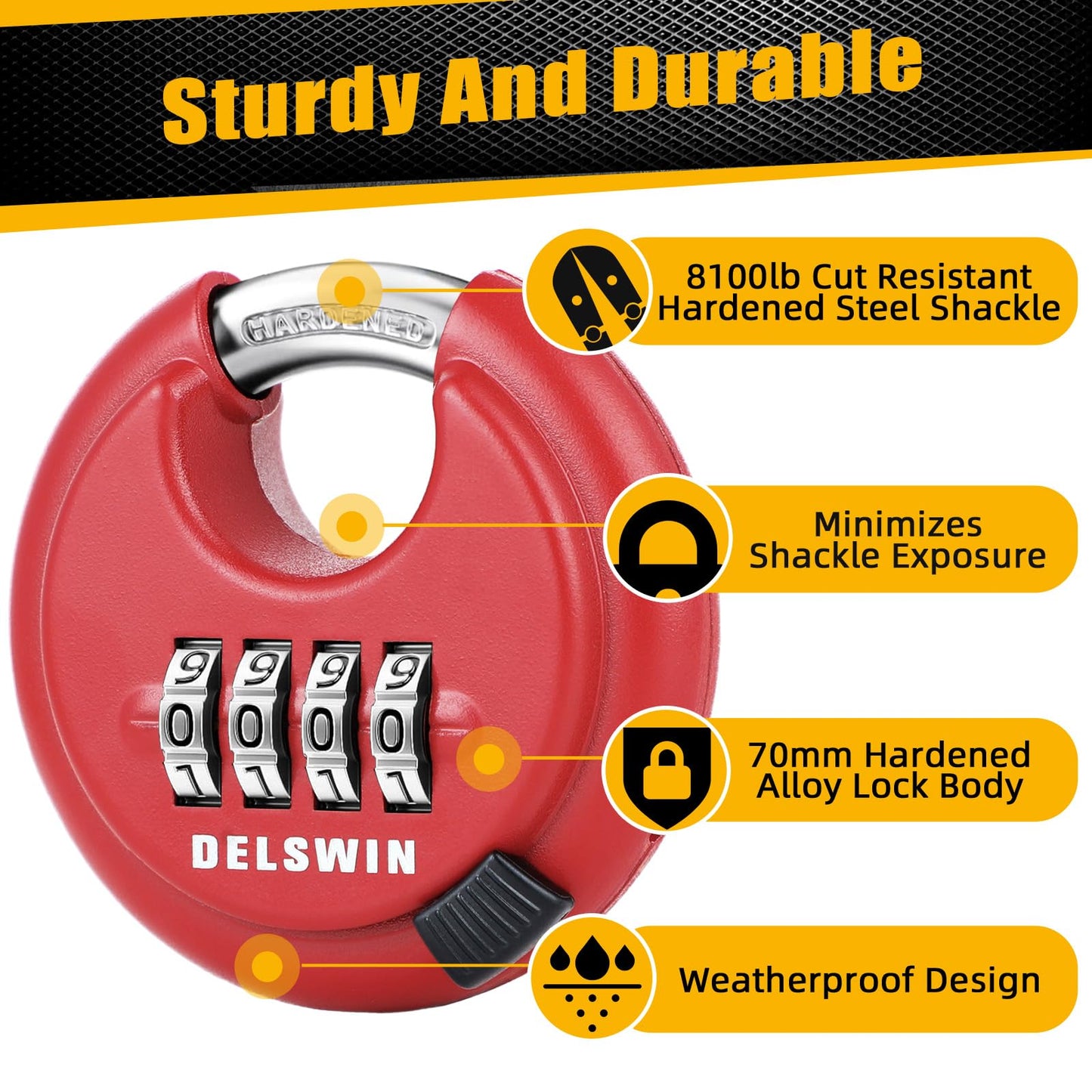 DELSWIN Outdoor Combination Padlock - 4 Digit Heavy Duty Disc Lock with Hardened Shackle,Combo Padlock for Gate,Storage Unit,Fence(25/64" Shackle, Red,2Pcs)