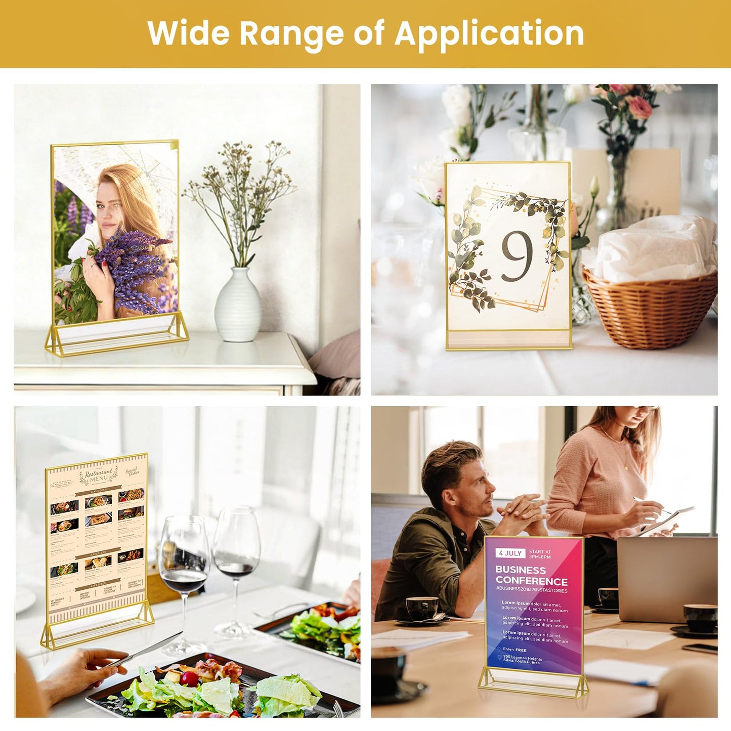 6 Pack Acrylic Gold Sign Holder, 8.5 x 11 Inch Clear Double Sided Picture Frame, Table Menu Display Stand Flyer Holder for Table Numbers, Photos, Restaurant, Wedding, Office (8.5 x 11 Inch)