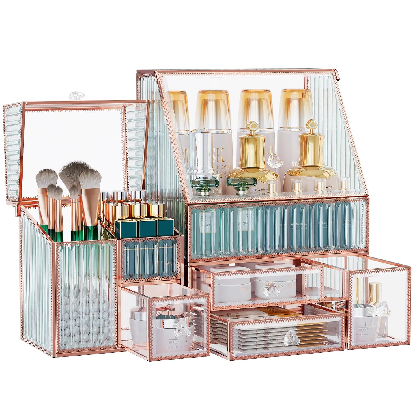 Youdepot Tempered Glass Makeup Organizer Countertop - Multi-Functional 3-in-1 Cosmetic Organizer for Skincare, Lipstick, Brushes - Vanity Organizer & Bathroom Organizer and Skincare Organizer.