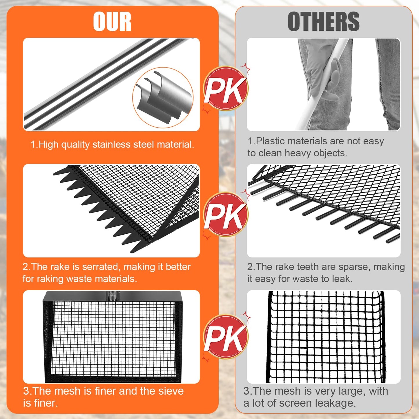 Chicken Poop Scooper and Rake with Ergonomic Handle, 2 in 1 Large Metal Chicken Coop Scoop for Poop with Adjustable Stainless Steel Pole, Sand Sifting Shovel for Chicken Coop Accessories