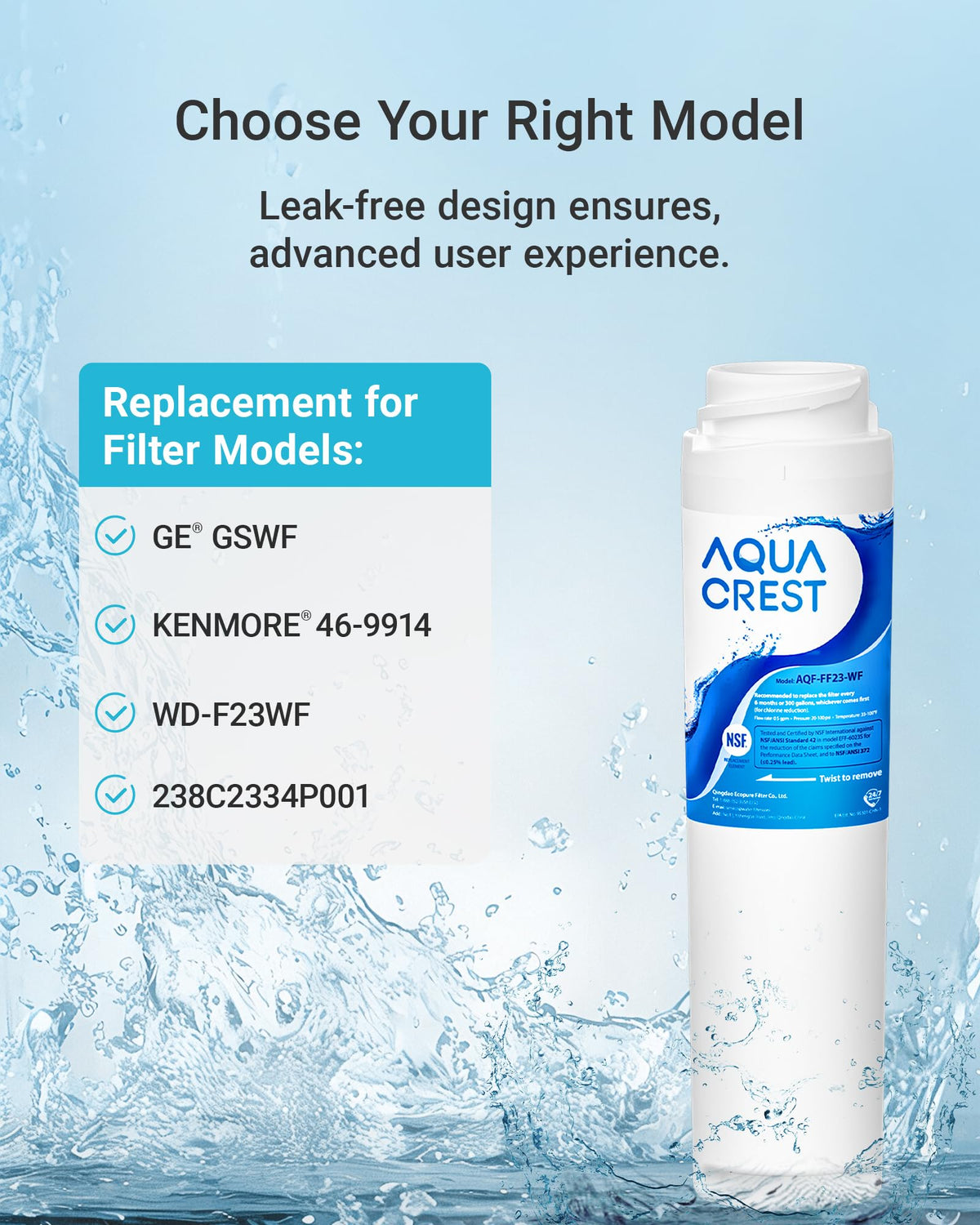 AQUA CREST GSWF Refrigerator Water Filter, Replacement for GE® GSWF Smart Water 238C2334P001, 46-9914, 469914, 9914, 2 Filters