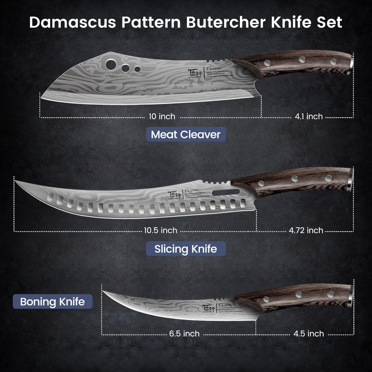 SYOKAMI Butcher Knife Set, 3 PCS Kitchen Knife for Meat Cutting, Cleaver, Breaking & Boning Knife, Japanese Style High Carbon Steel Kitchen Knife for Chopping, Slicing, Deboning, House Warming Gifts