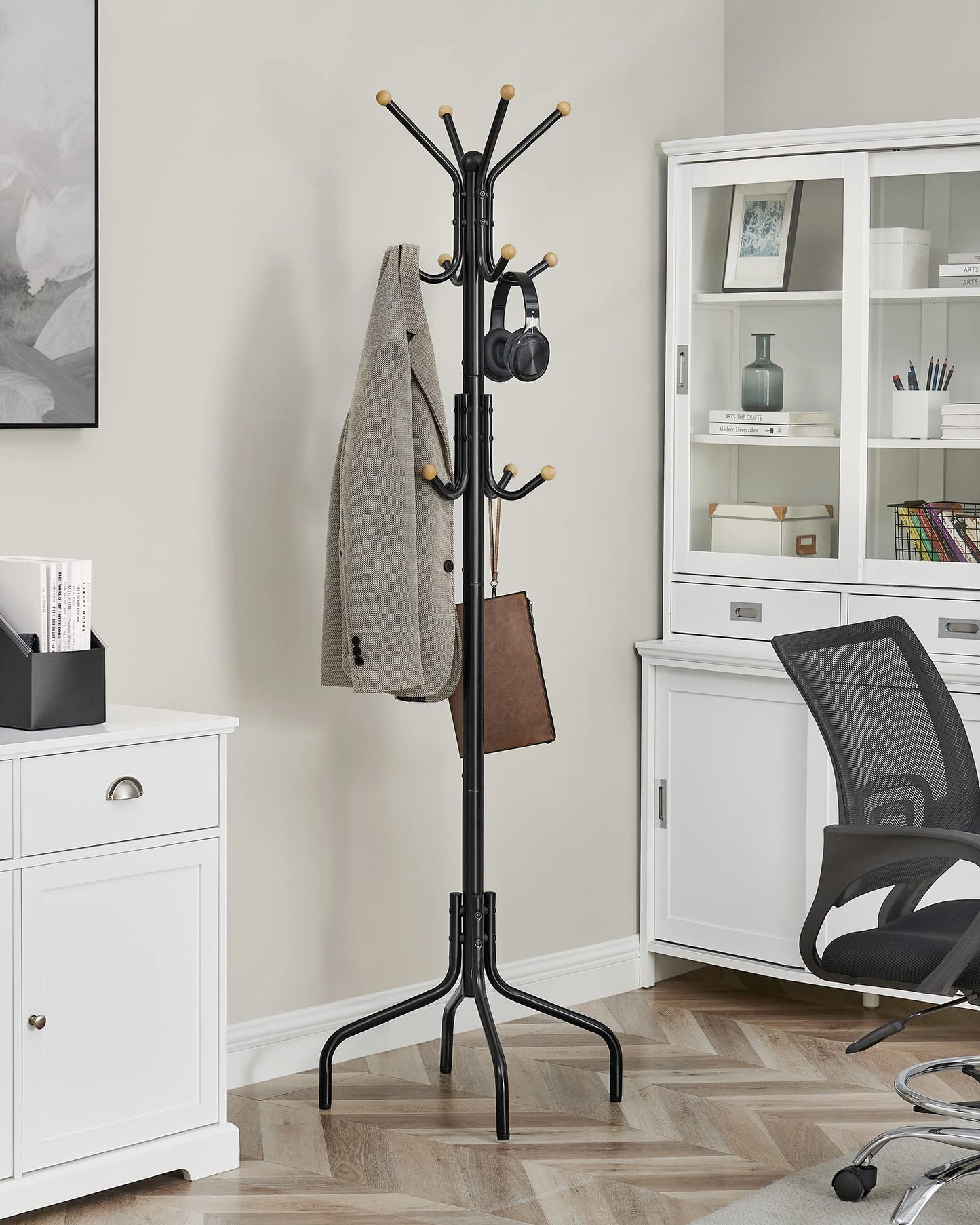SONGMICS Coat Rack Freestanding, Metal Coat Rack Stand with 12 Hooks and 4 Legs, Holds Clothes, Hats, and Bags, for Entryway, Living Room, Bedroom, Black URCR031B01