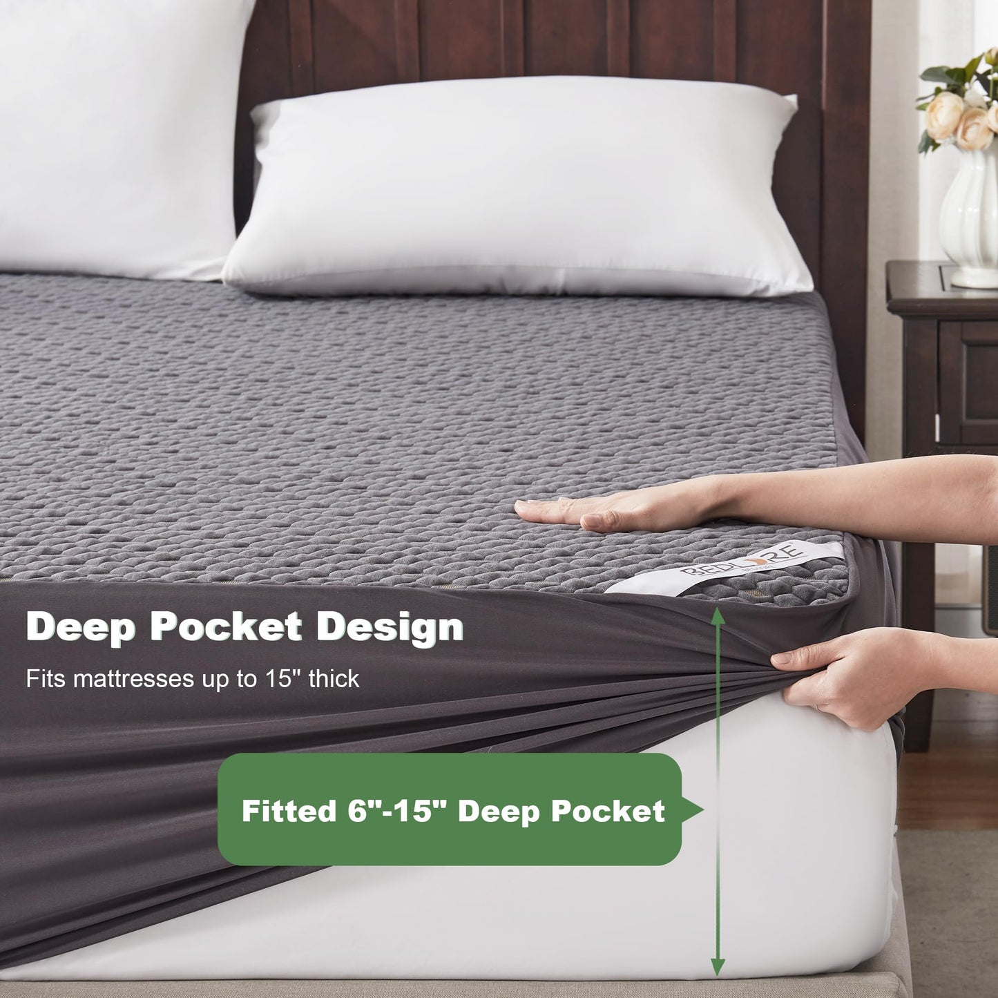 BEDLORE Full Mattress Protector, Waterproof Mattress Cover Fitted 6-15 Inch Deep Pocket, Breathable and Noiseless Mattress Pad Machine Washable for Home, Bedroom, Hotel