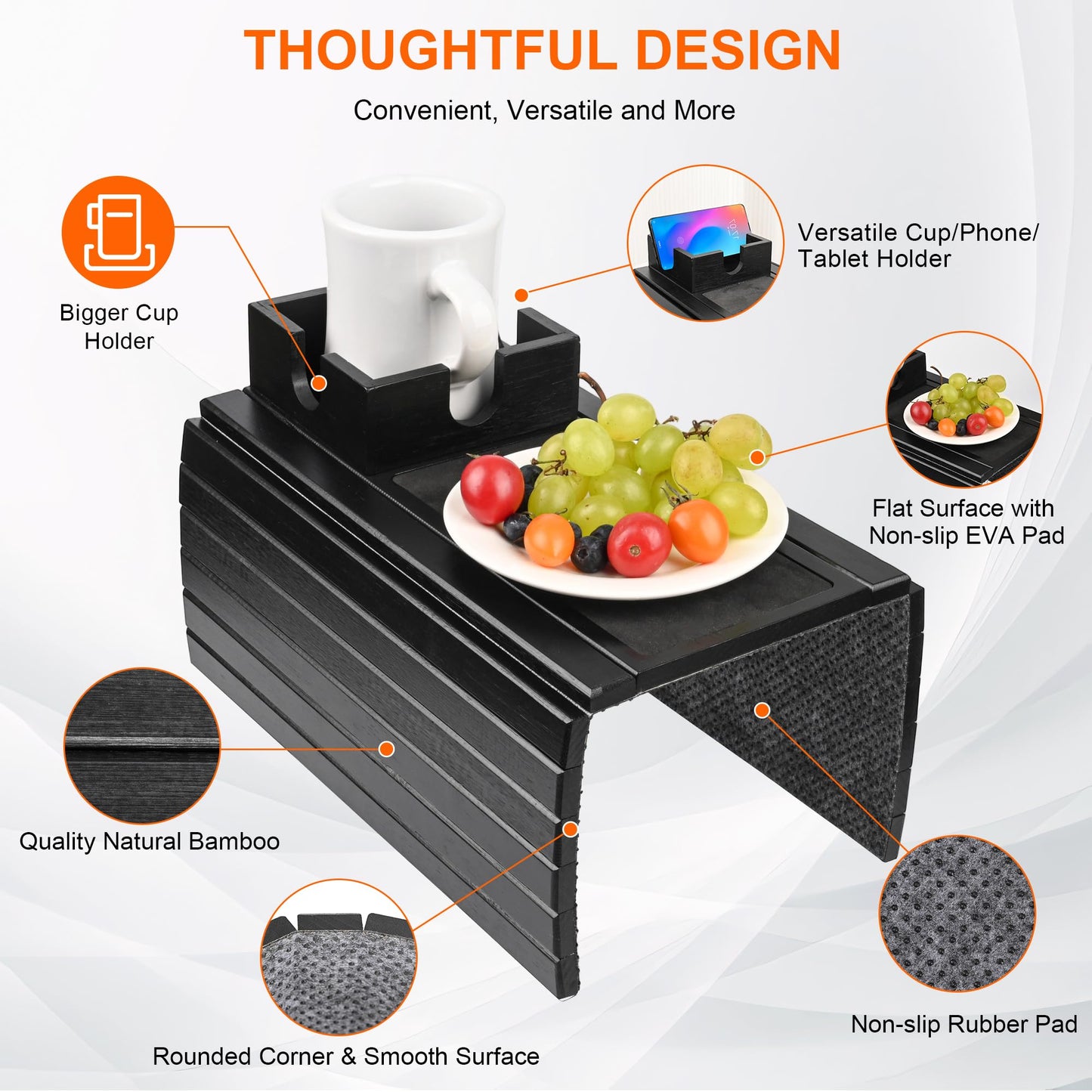 Joy&Grace Sofa Armrest Tray with Large Mug Holder, Bamboo Couch Arm Tray, Anti-Slip Couch Cup Holder Foldable Sofa Arm Table for Eating Drinks Cellphone (Color Black)