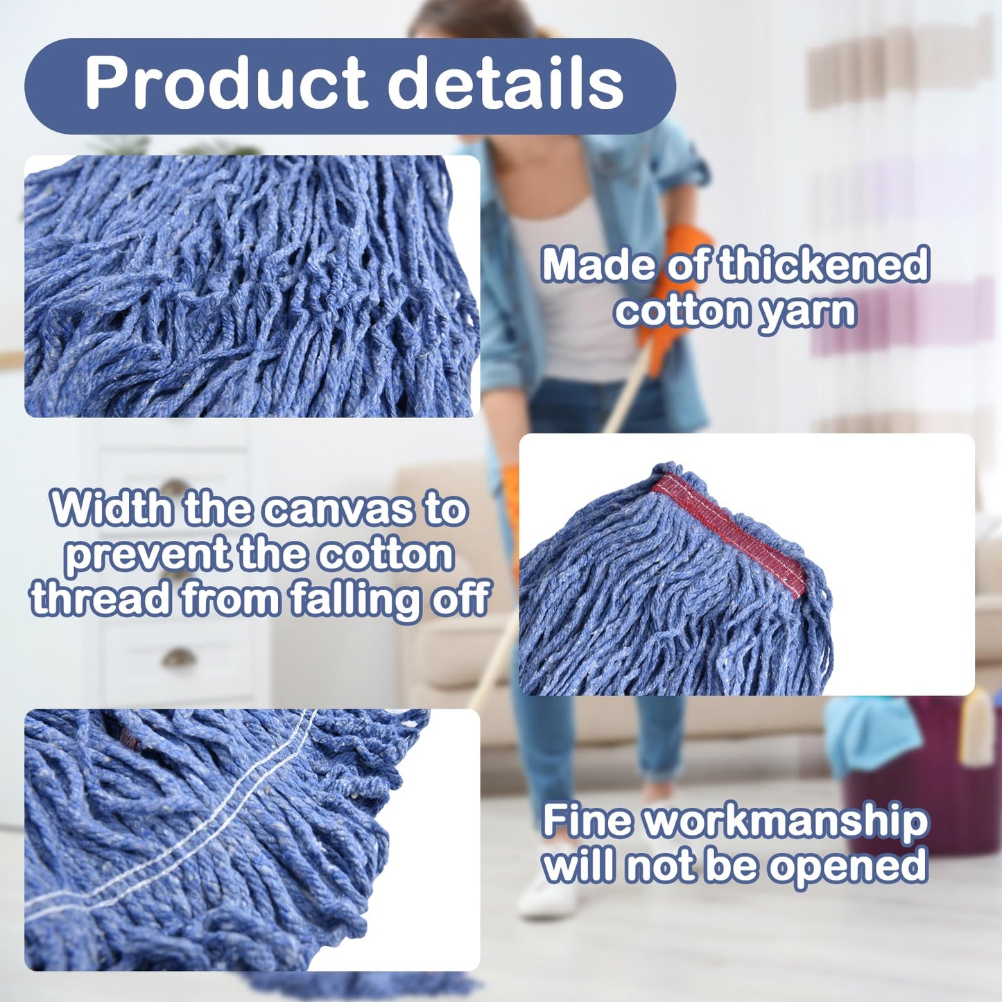 Primero Basics Loop-End Mop Head Replacement – 6 Pack, Blue, Heavy Duty Commercial and Industrial String Mop Refills, Fits Standard 1.25" Handles, Cotton Blend, Janitorial Floor Cleaning Supplies