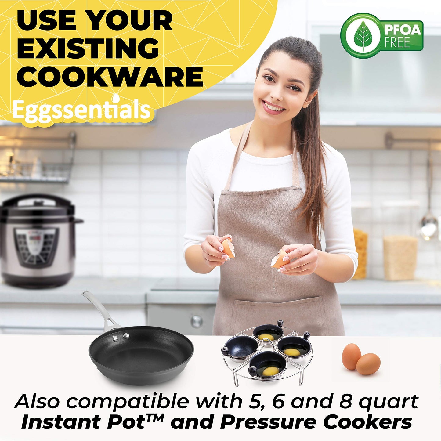 Eggssentials Stainless Steel Egg Poacher Pan Insert | 4 Poached Egg Cups PFOA Free Nonstick | 7.25 inch Rack Compatible with Skillet Instant Pot Pressure Cooker | Hard Boiled and Poached Egg Maker …