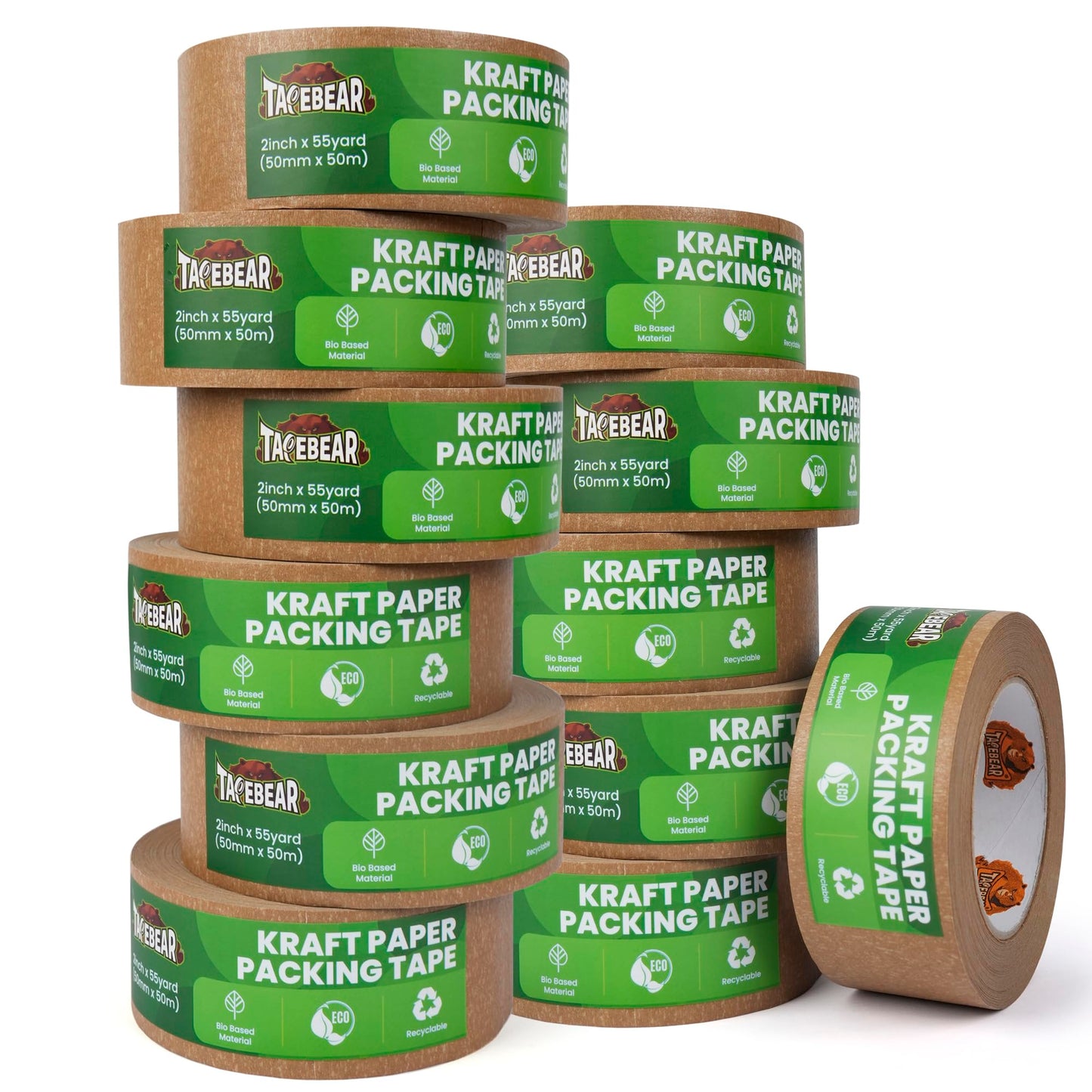 TAPEBEAR Eco-Friendly Kraft Paper Tape, Biodegradable Heavy Duty Packing Tape 50mm x 50m, Recyclable Packaging Tape Self Adhesive Box Tape for Shipping, Sealing, Moving & Masking, 12Rolls
