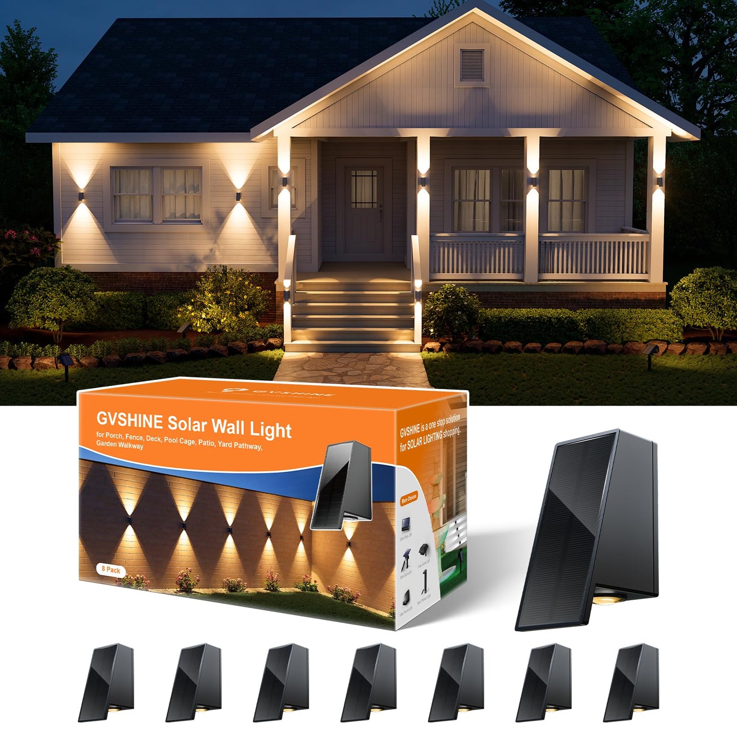 8 Pack Solar Powered Fence Lights Outdoor Waterproof Wall Mount Up and Down LED Decorative Lamps for Outside Patio, House, Backyard, Porch, Deck, Garden with Bright Lens Easy to Install (Warm White)