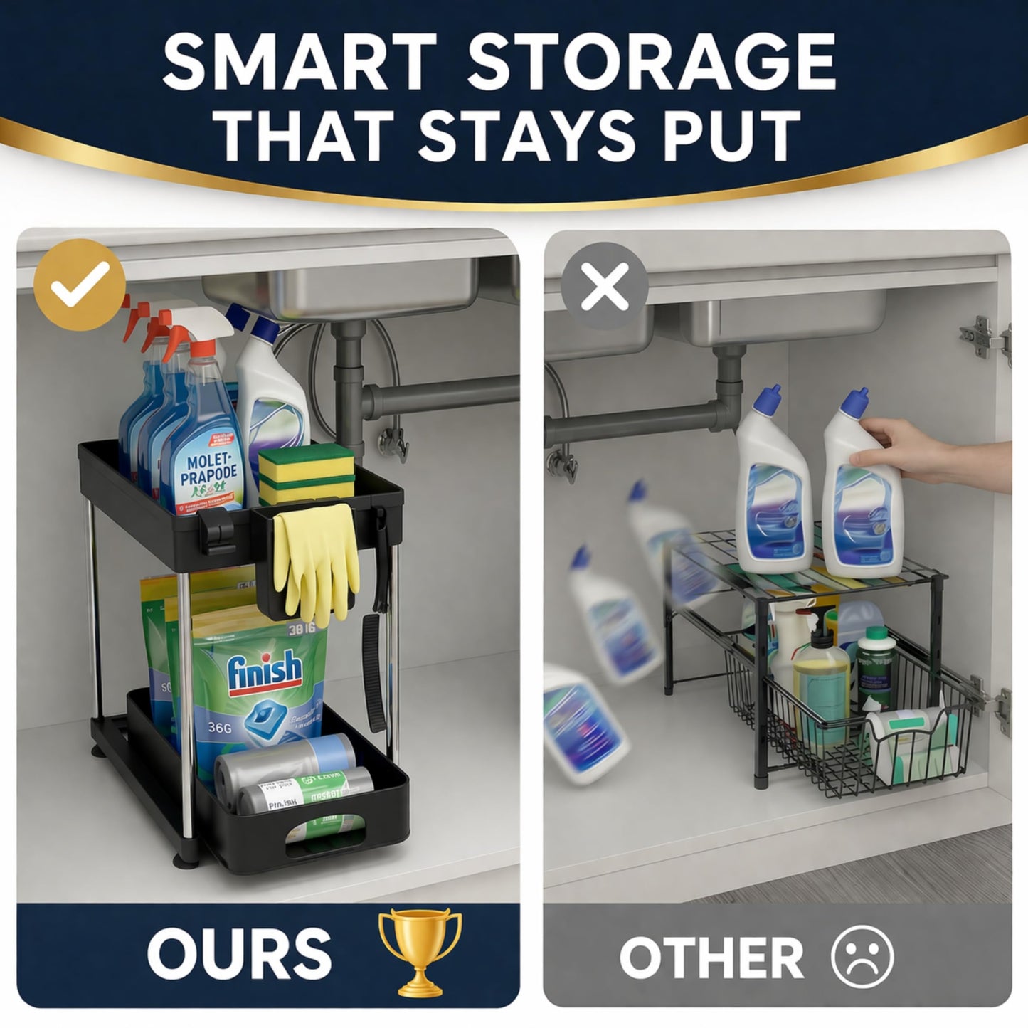 LargeMalls 2-Pack Under Sink Organizer with Sliding Drawers – Adjustable Height, Anti-Tip Design, Fits Around Plumbing – ABS Shelves & Stainless Steel Rods for Kitchen, Bathroom & Laundry Storage