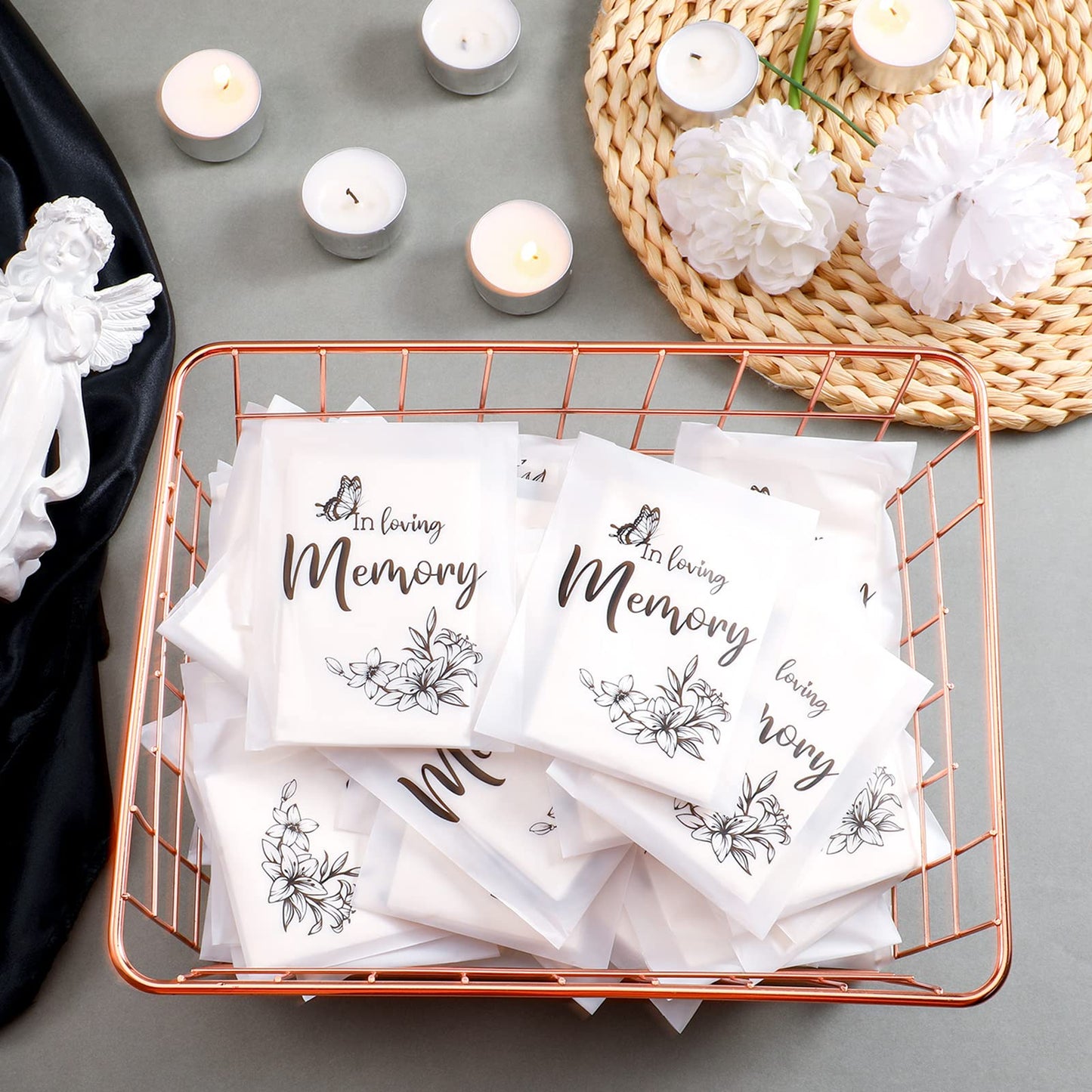 Eaasty 60 Pack Funeral Facial Tissues in Loving Memory Pocket Tissues Bulk Travel Funeral Favors Small Individual Napkins Packs for Memorial, Celebration of Life, 3. 54 x 4. 72 Inches