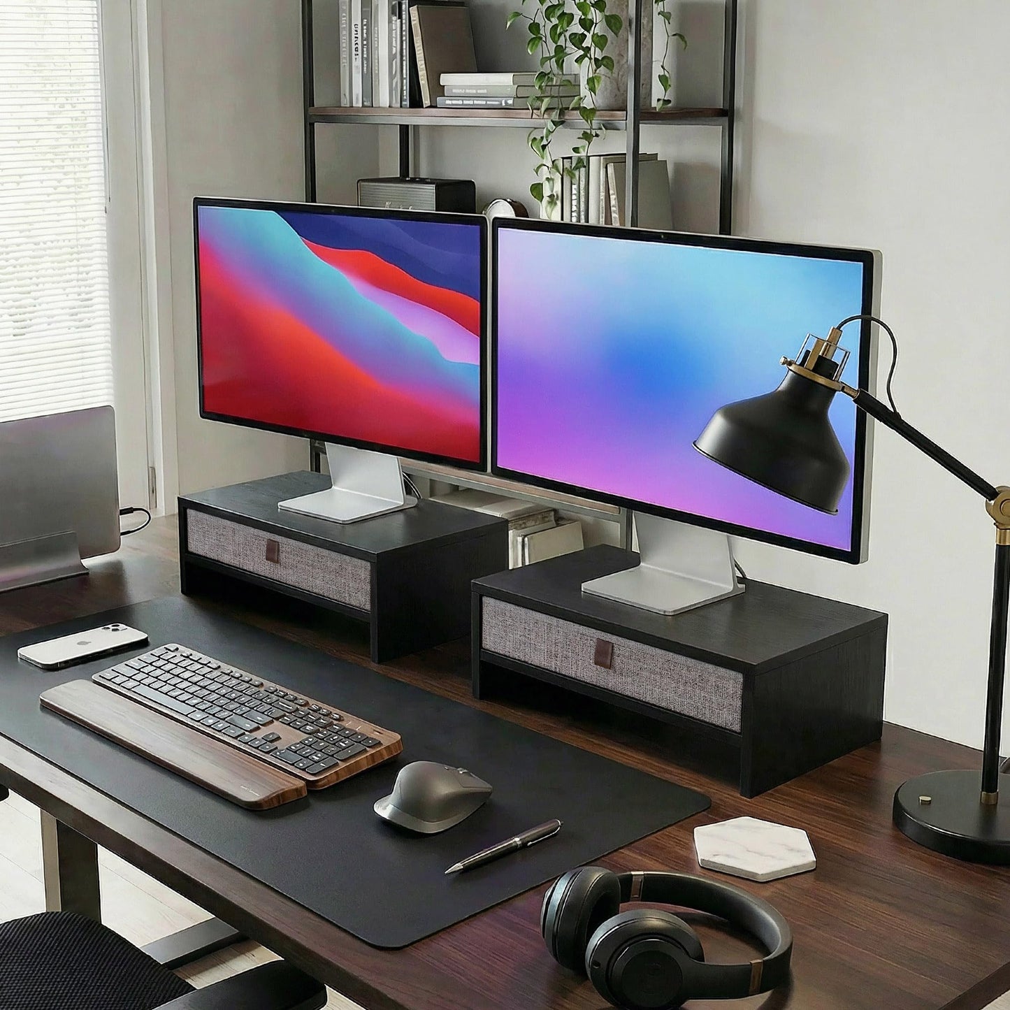 FENGE Computer Monitor Stand 16.7 inch 2 Tiers Laptop Riser with Drawer,Desk Organizer for Computer,Laptop,Screen,Printer,Black