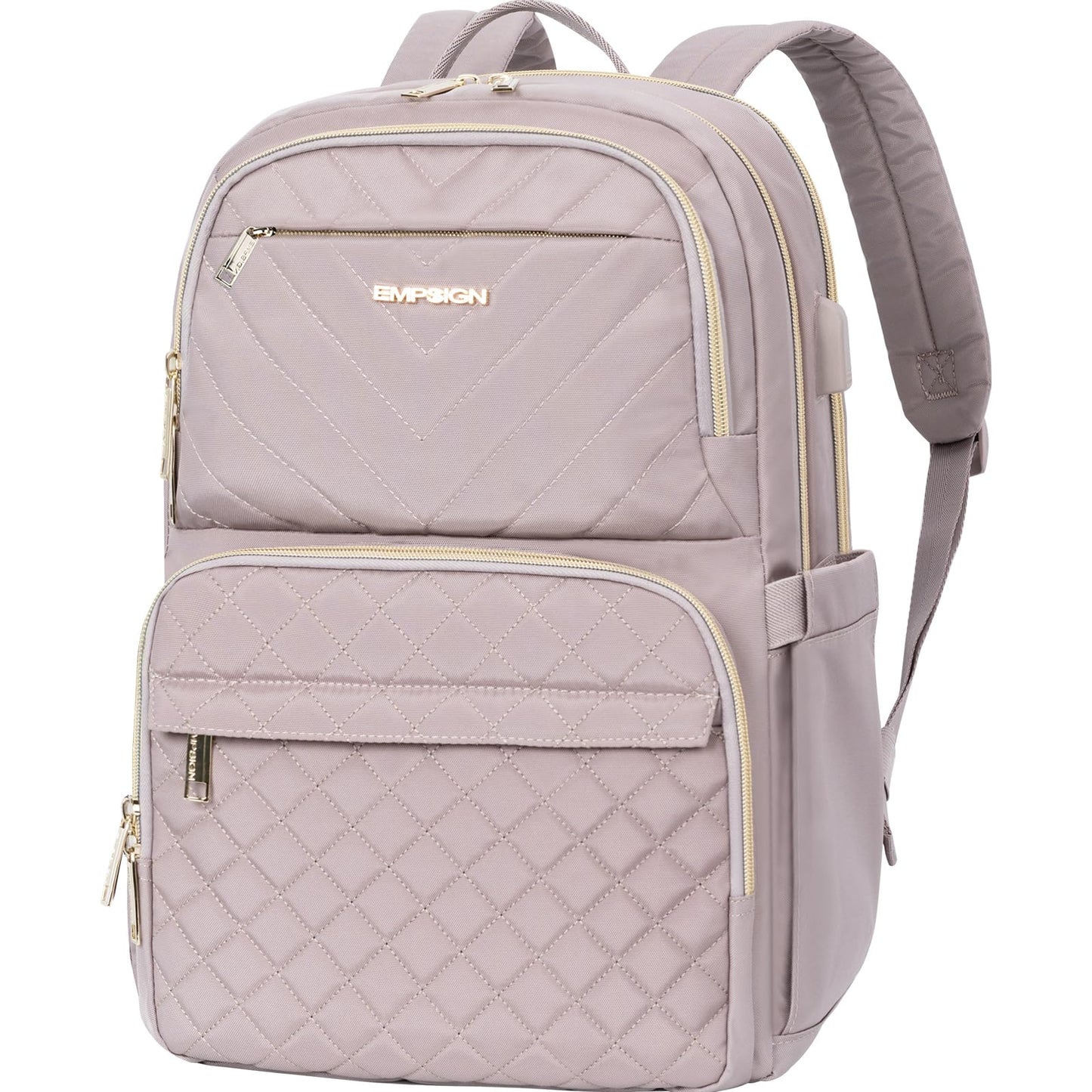 EMPSIGN Laptop Backpack Purse for Women and Men with USB Charging Port, 15.6 Inch Travel Water Resistant Quilted Backpack, High-Capacity 30L Work Business Computer Backpack, Quilted Grey Pink