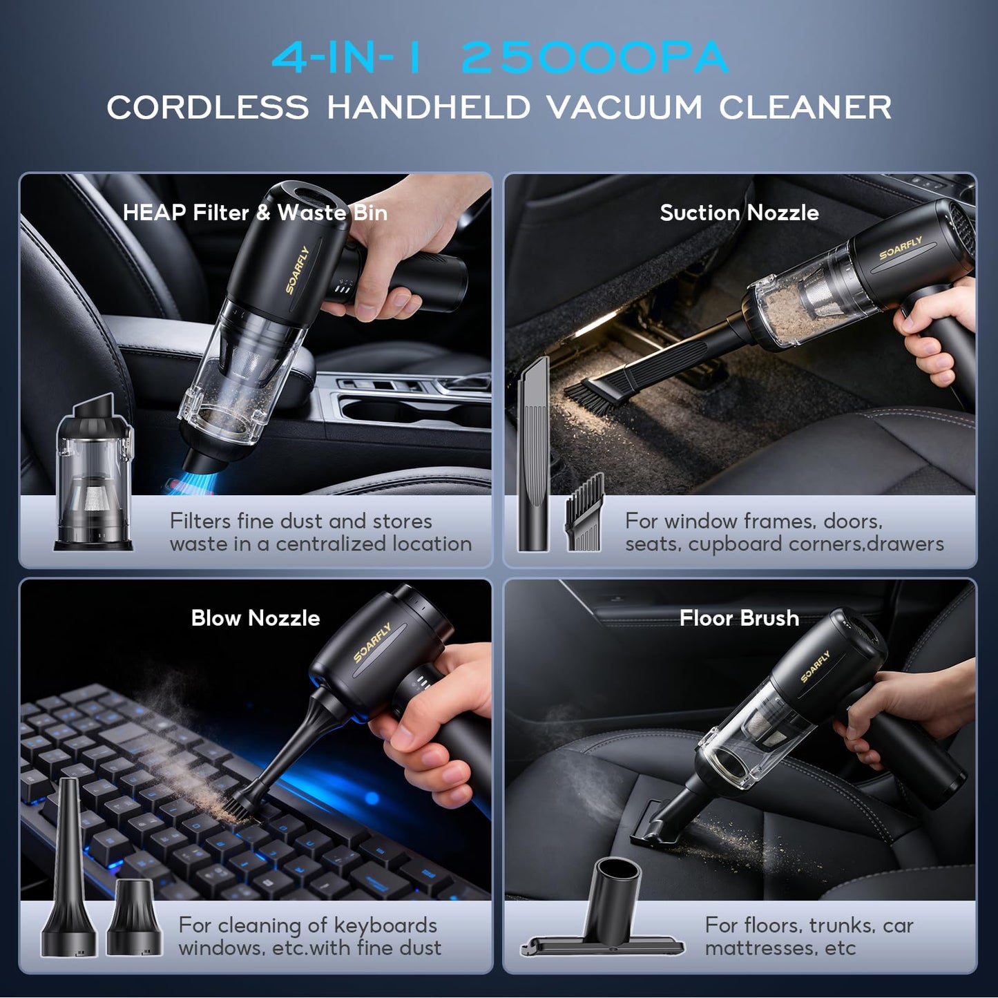 Car Vacuum Cleaner 25000PA Handheld Vacuum with LED, SOARFLY 4 in 1 Air Duster and Cordless Vacuum Cleaner Strong Cyclonic Suction Blowing Brushless Motor, for Pet Hair, Car, Home, Office, Kitchen