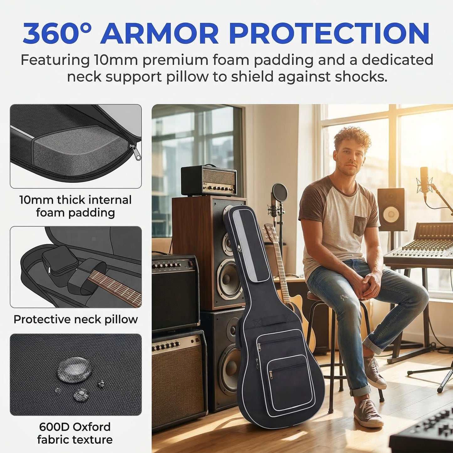 Tosnail 41 Inch Full Size Padded Acoustic Guitar Gig Bag with Backpack Shoulder Strap, 2 Carry Handle & 5 Pockets - Bonus Guitar Strap