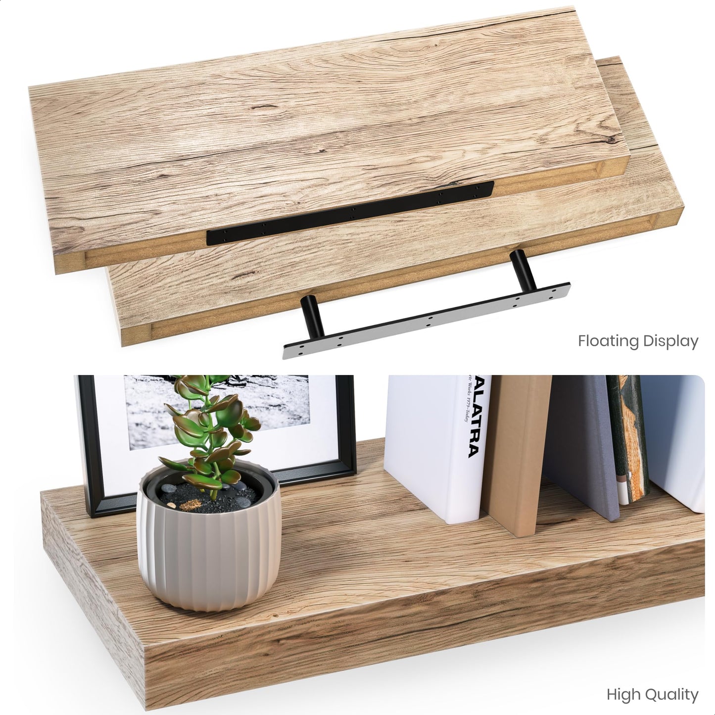 Ballucci Floating Shelves Extra Wide, 2-Pack 24" Wood Wall Mount Shelf Set with Invisible Brackets for Living Room, Bathroom, Kitchen, Nursery, 8" Deep, Oak Finish