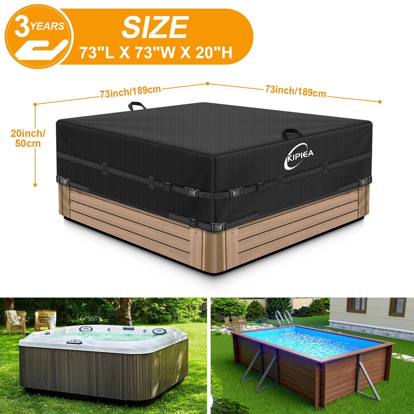 Kipiea Waterproof Square Hot Tub Cover Protector, Heavy Duty Polyester SPA Cover UV Protection Cover for Hot Tub (93" L x 93" W x 20" H)