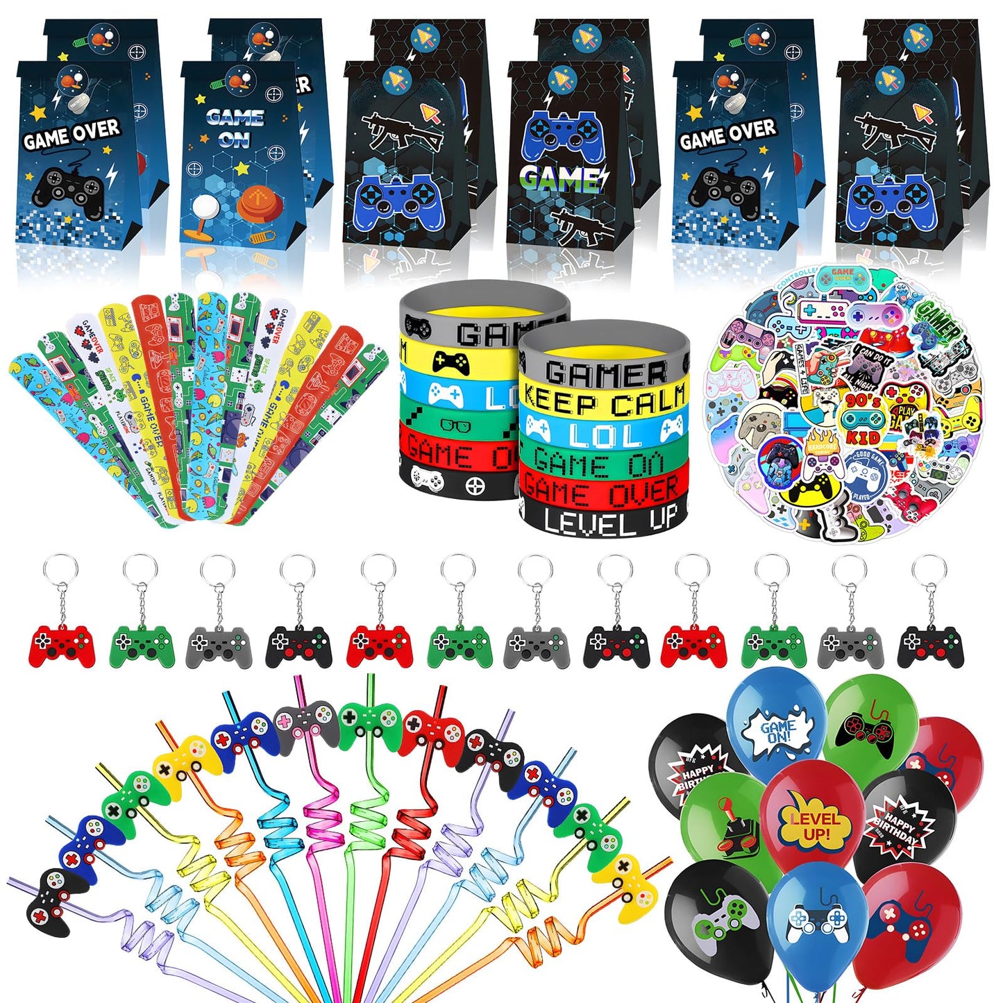 122pcs video game party favors Supplies, Gift Bags, key chains,Wristbands,balloons,Stickers straws etc for Birthday Party Decorations Fill Up the Goodie Bags Prizes Pinata Fillers (video game)