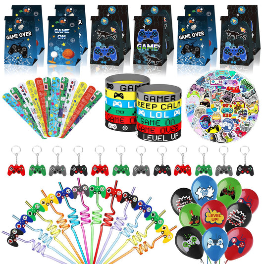 122pcs video game party favors Supplies, Gift Bags, key chains,Wristbands,balloons,Stickers straws etc for Birthday Party Decorations Fill Up the Goodie Bags Prizes Pinata Fillers (video game)
